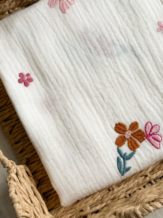Embroidered Double Gauze Fabric - Golden Floral
