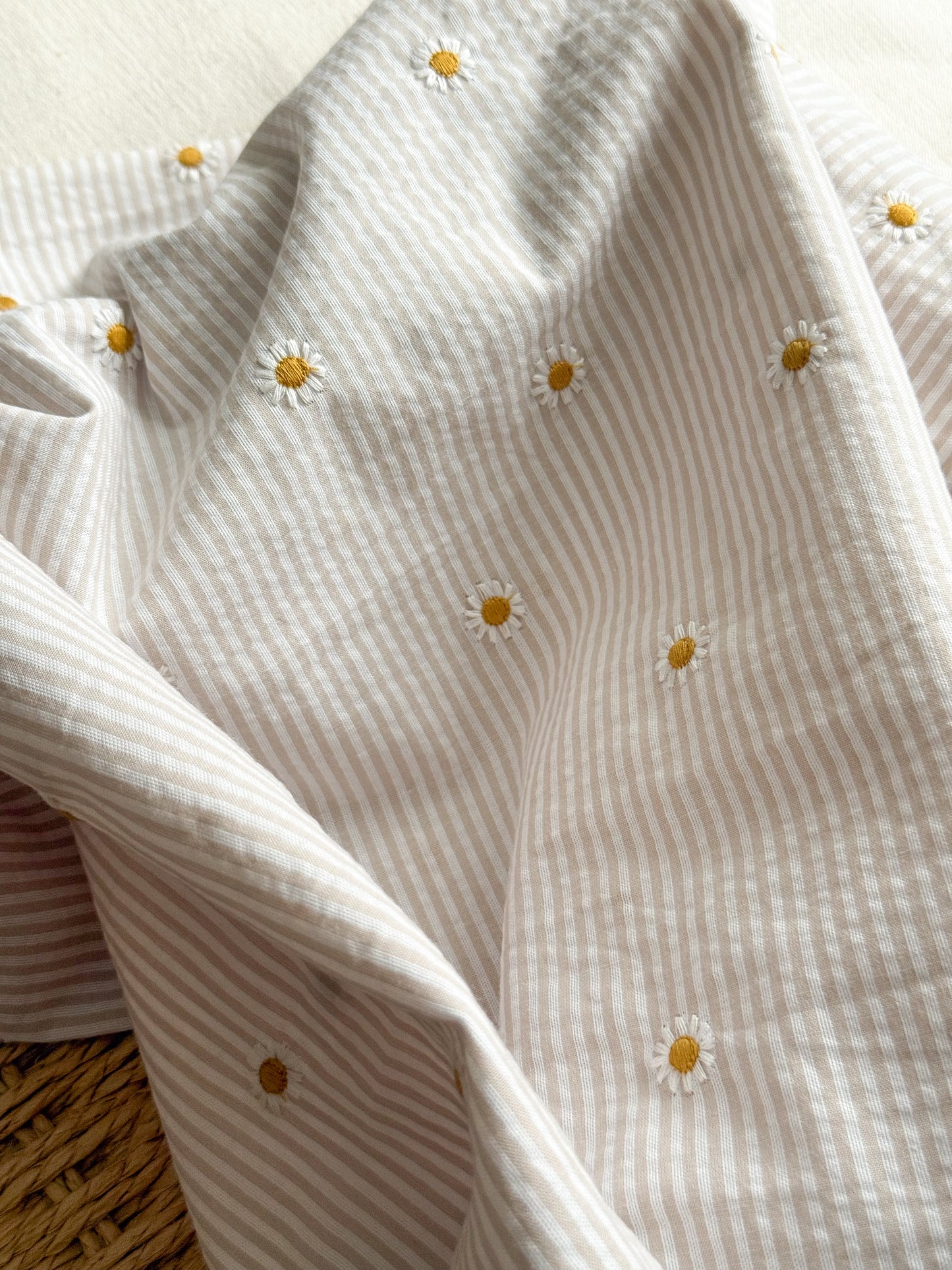 Cotton Stripe Seersucker Fabric With Embroidered Daisy - Sand