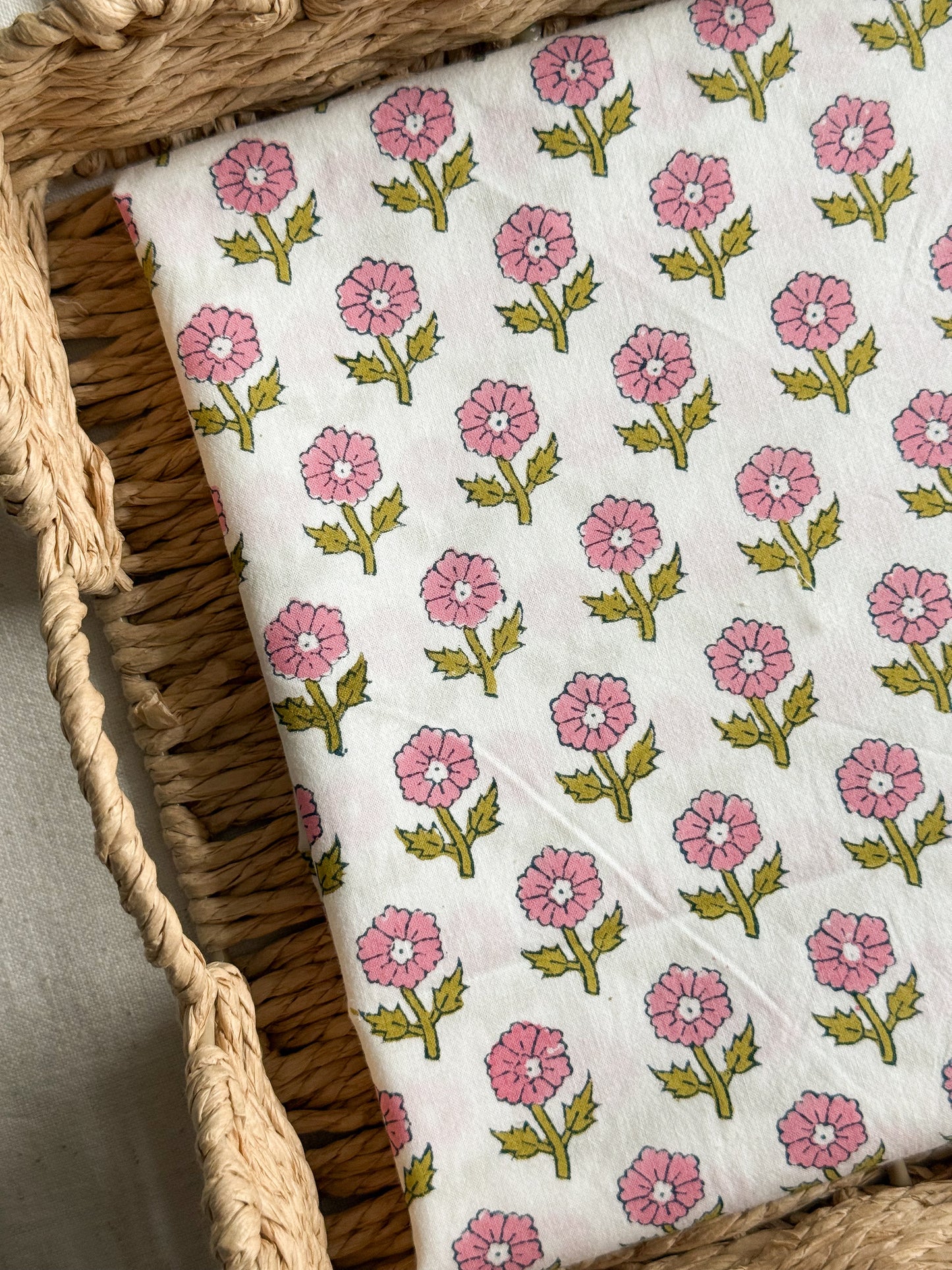 Indian Cotton Block Print Fabric - Flowering in Pink