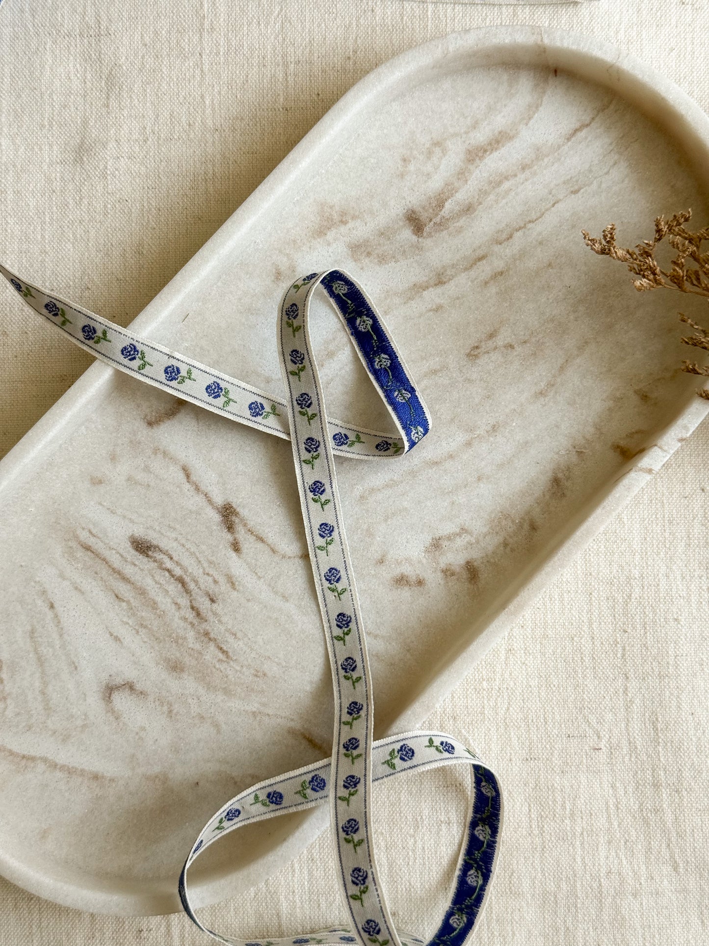 Jacquard Woven Ribbon - Rose Bud - Blue - 10mm