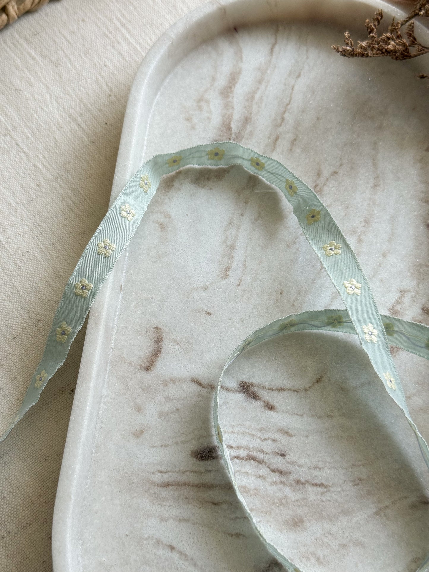 Jacquard Woven Ribbon - Sage & Yellow Flowers - 10mm