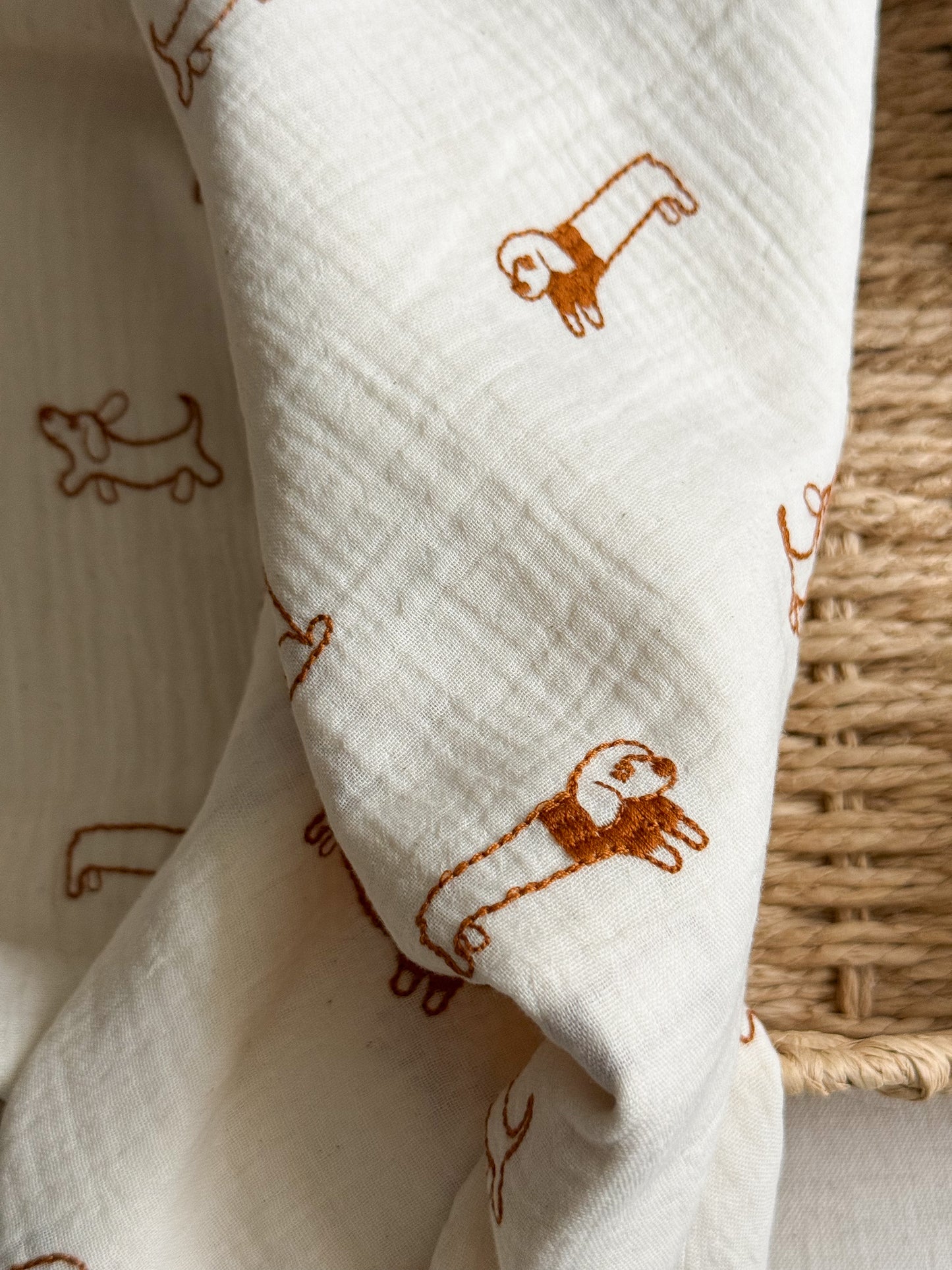 Embroidered Double Gauze Fabric - Sausage Dogs