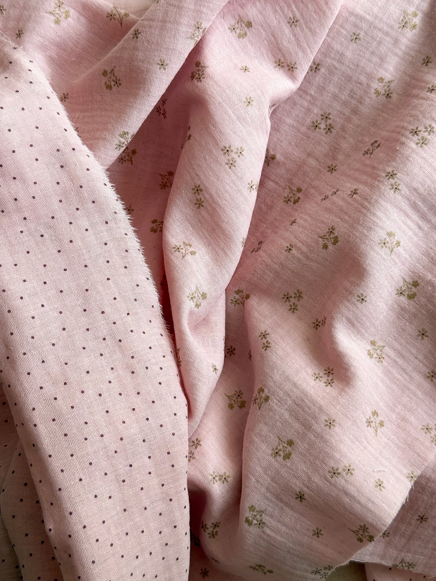 Organic Double Gauze Fabric - Double Sided - Polka Dots & Flowers - 150cm Remnant - Defects - See Images