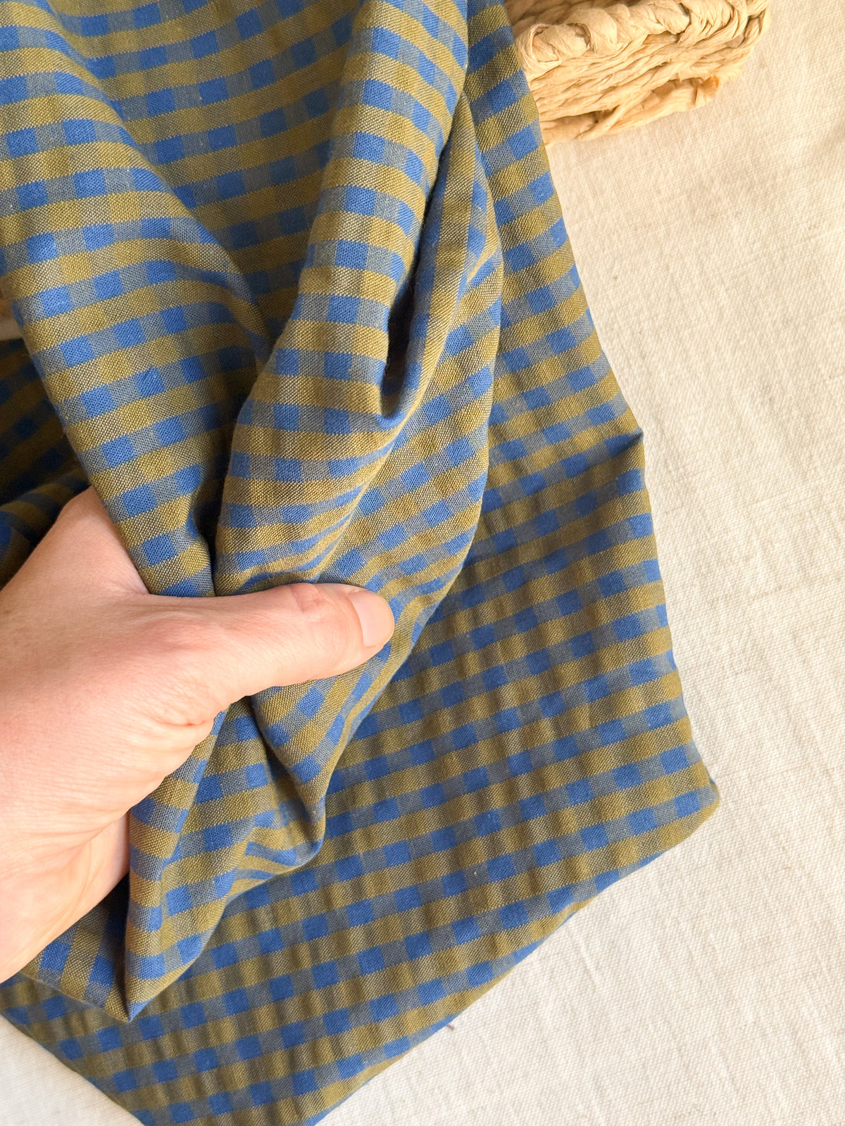 Cotton Seersucker Fabric - Gingham - Cobalt / Bronze
