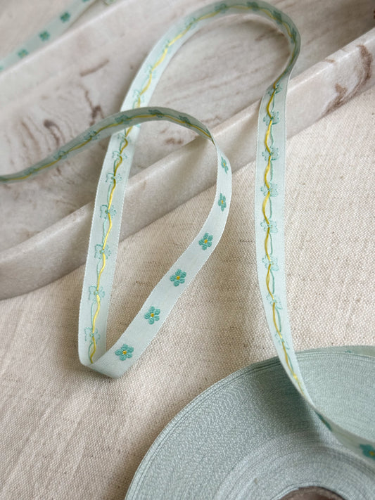 Jacquard Woven Ribbon - Aqua Flowers - 10mm