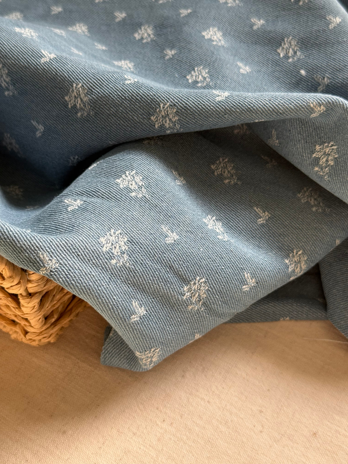 Cotton Mix Denim Fabric  - Sweet Jacquard Flowers