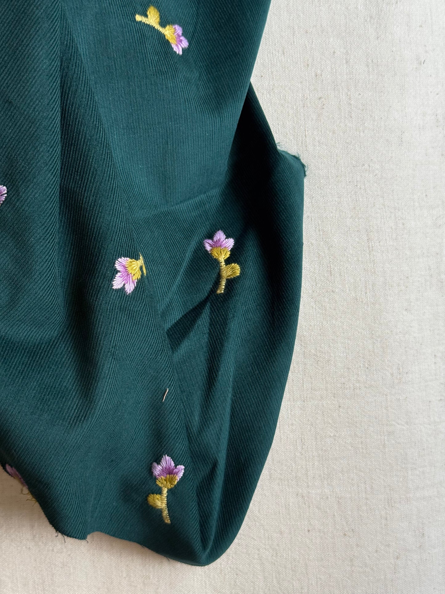 Cotton Embroidered Baby Cord Fabric - Green
