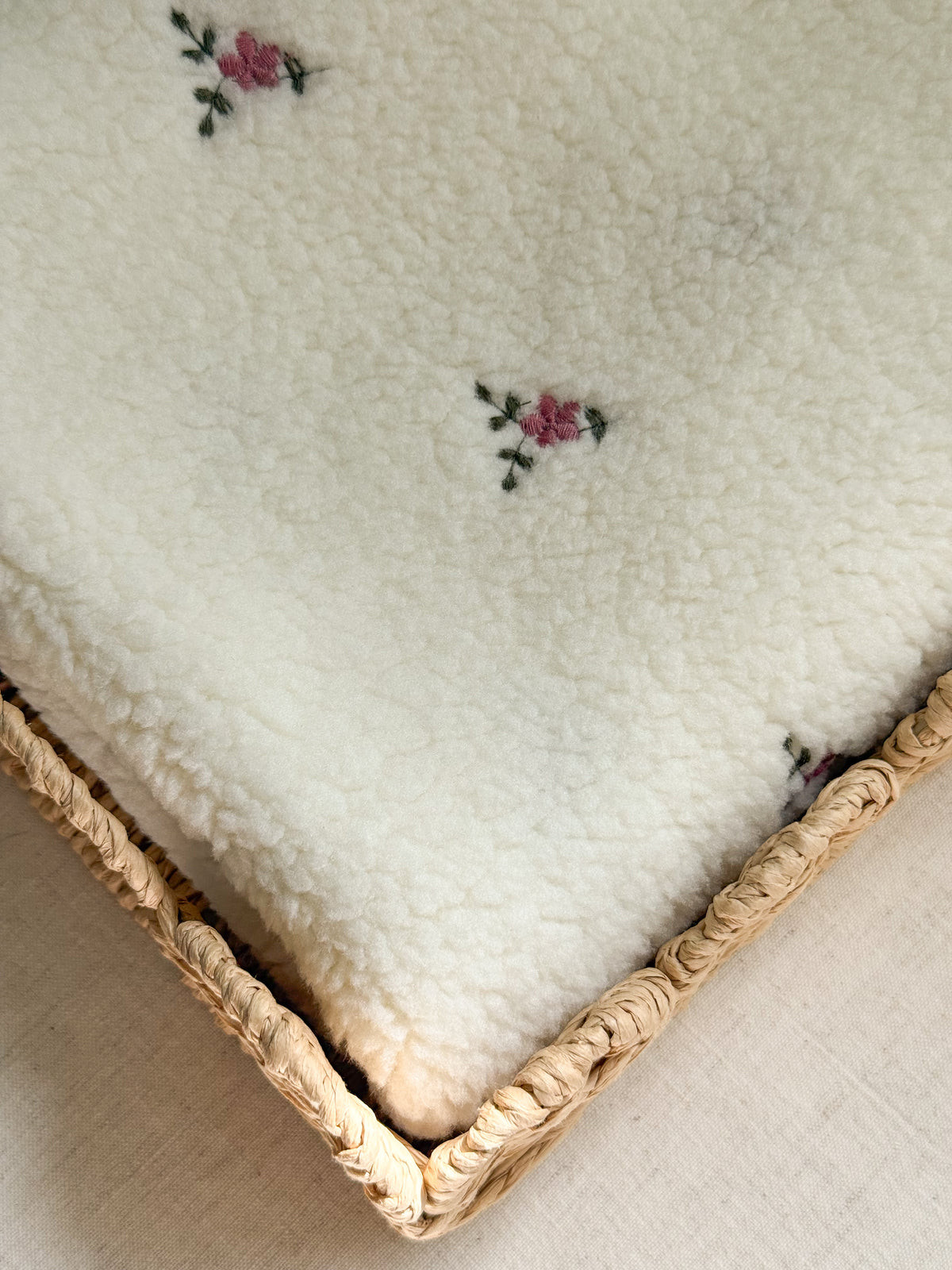 Soft Teddy Fabric - Embroidered Flowers - Ecru