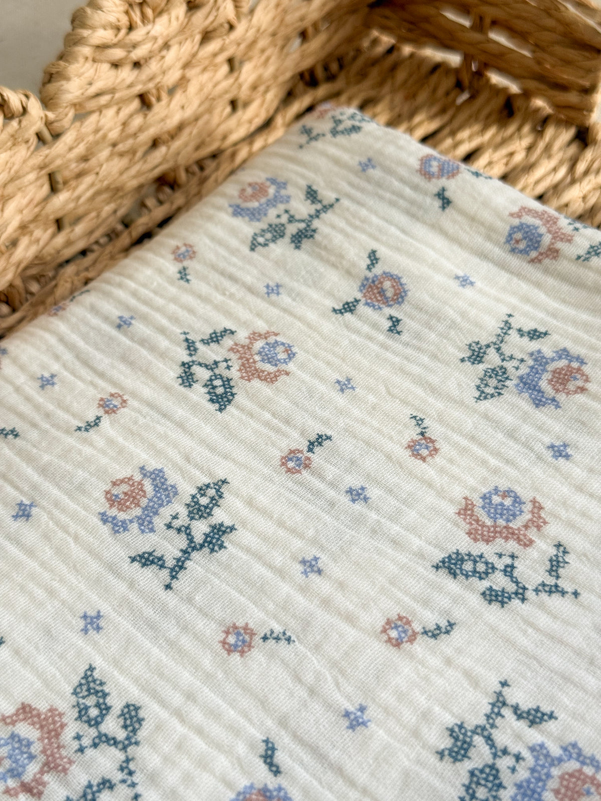 Double Gauze Fabric - Pastel Cross Stitch Floral Print