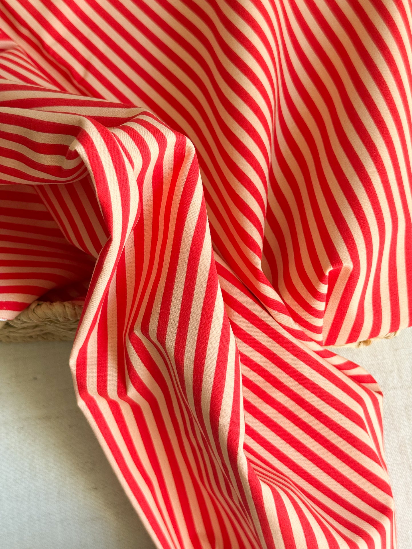 Printed Cotton Poplin Fabric  - Red & Cream Stripe