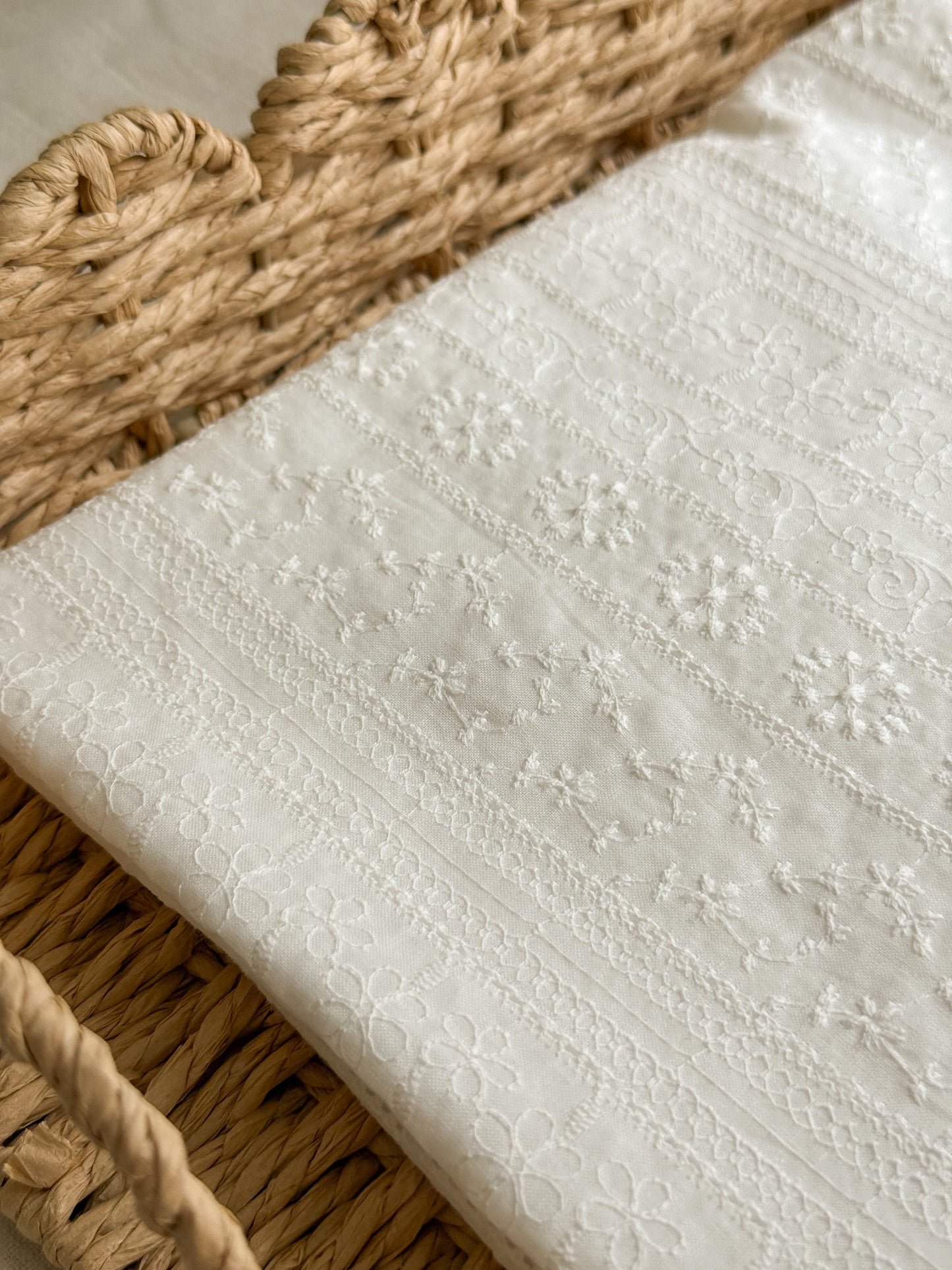 Embroidered Cotton Fabric - Floral Stripes - White