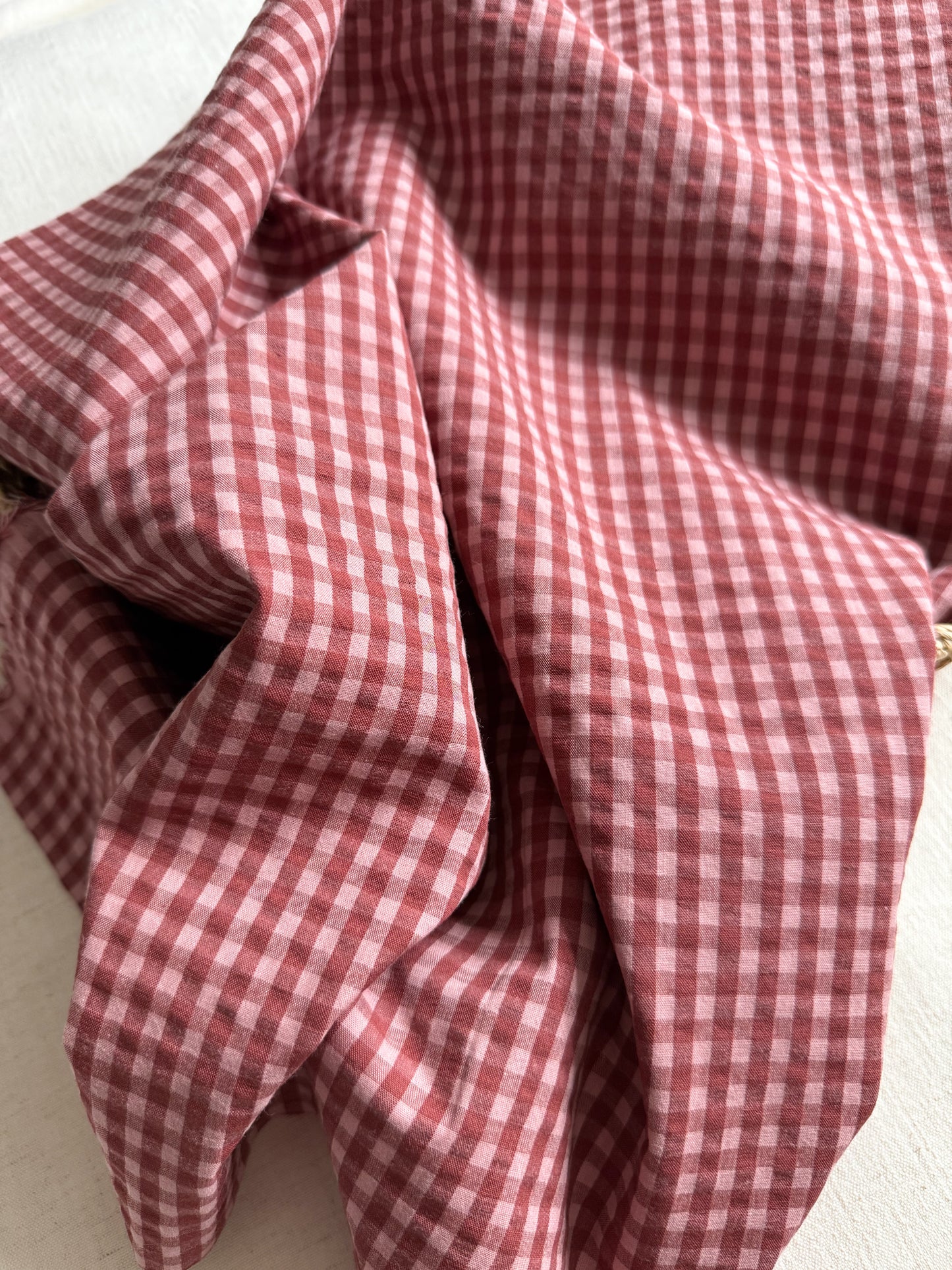 Cotton Seersucker Fabric - Gingham - Cocoa / Rose