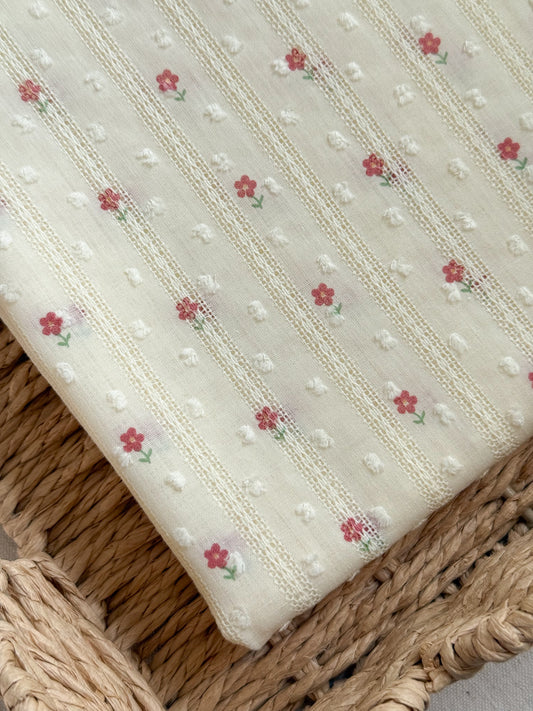 Embroidered Jacquard Cotton Swiss Dot Dobby Fabric - Pink Flowers
