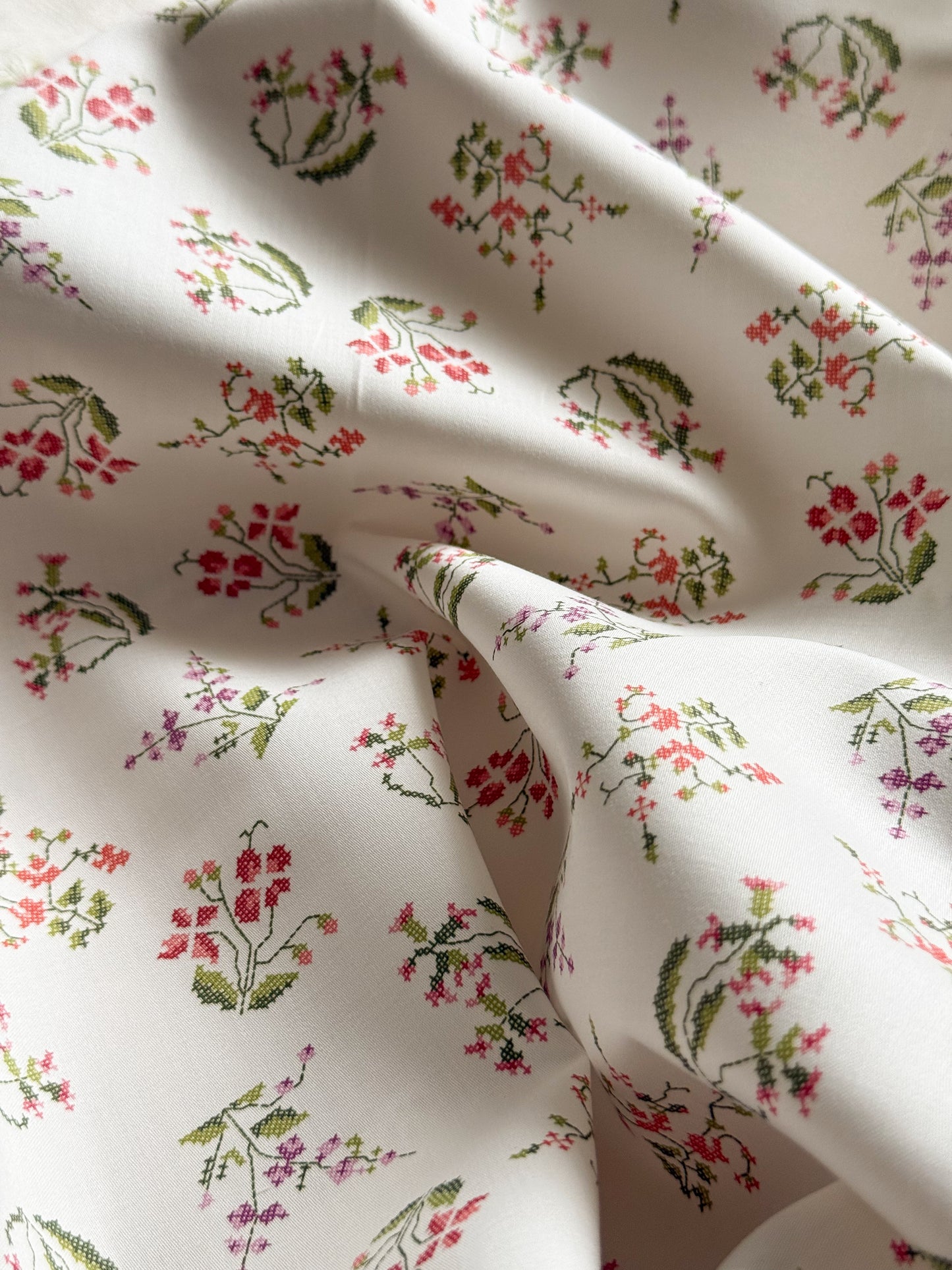 Organic Cotton Sateen Fabric - Cross Stitch Floral Print