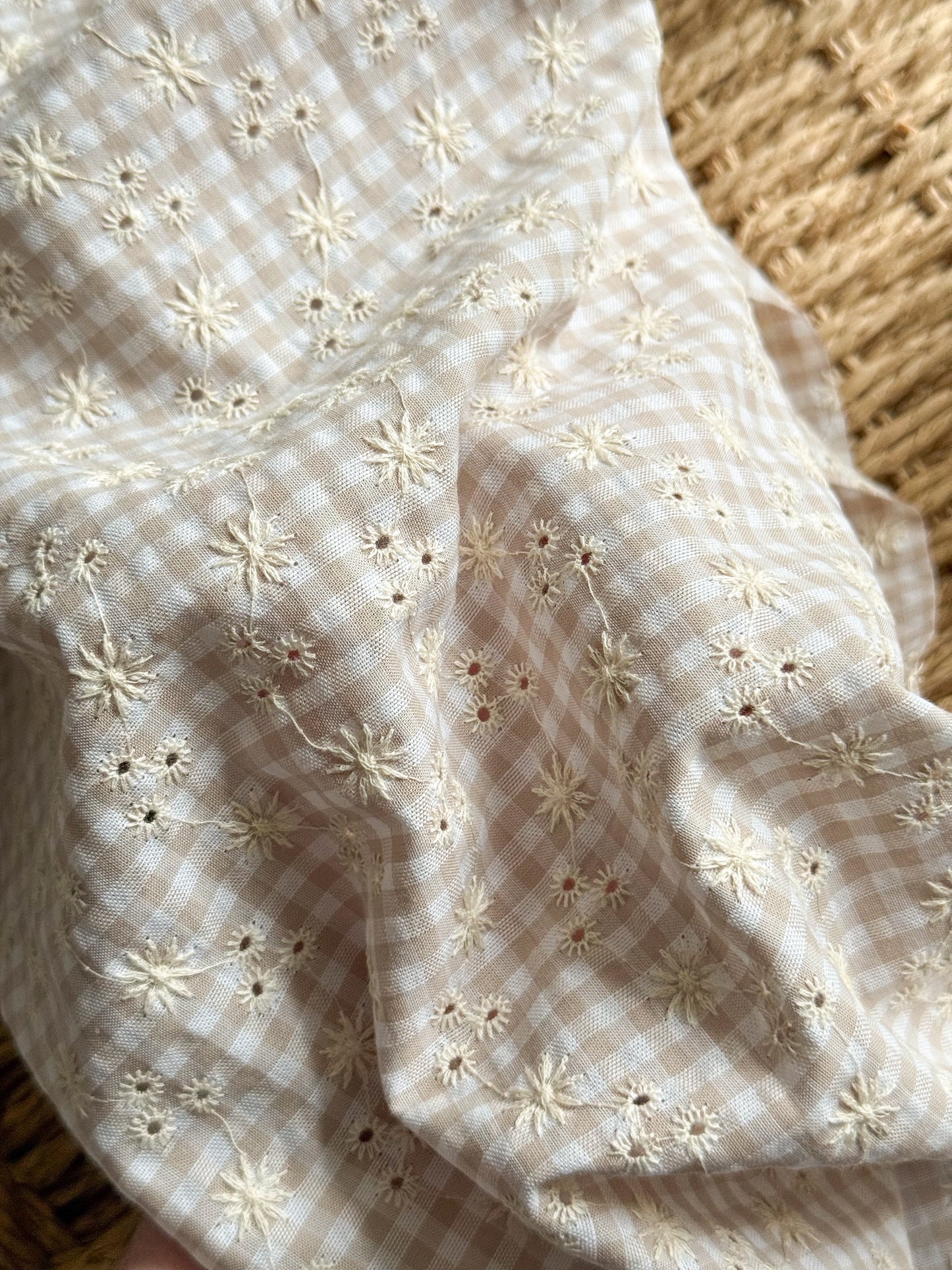 Cotton Embroidered Gingham Seersucker Fabric - Sand