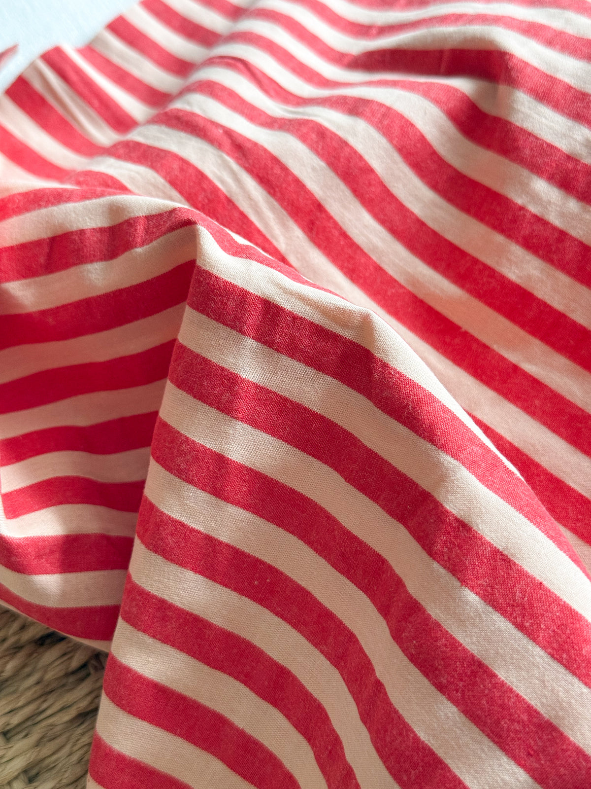 Cotton Seersucker Stripe Fabric - Strawberries & Cream - 40cm Remnant