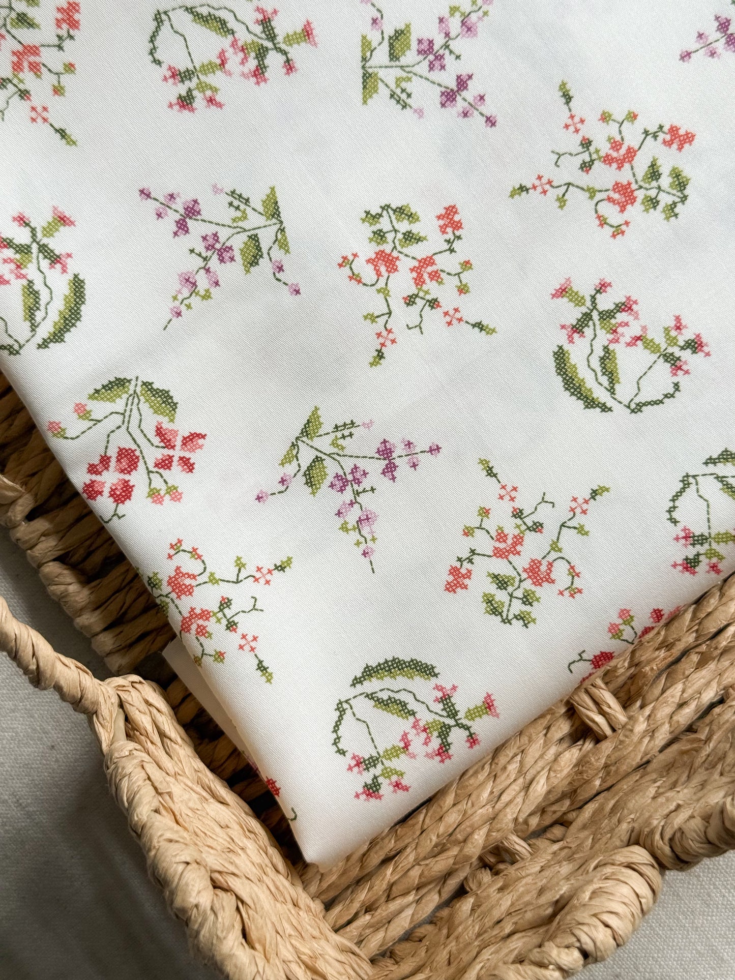 Organic Cotton Sateen Fabric - Cross Stitch Floral Print