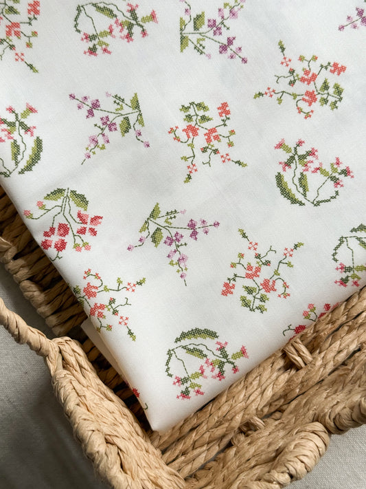 Organic Cotton Sateen Fabric - Cross Stitch Floral Print