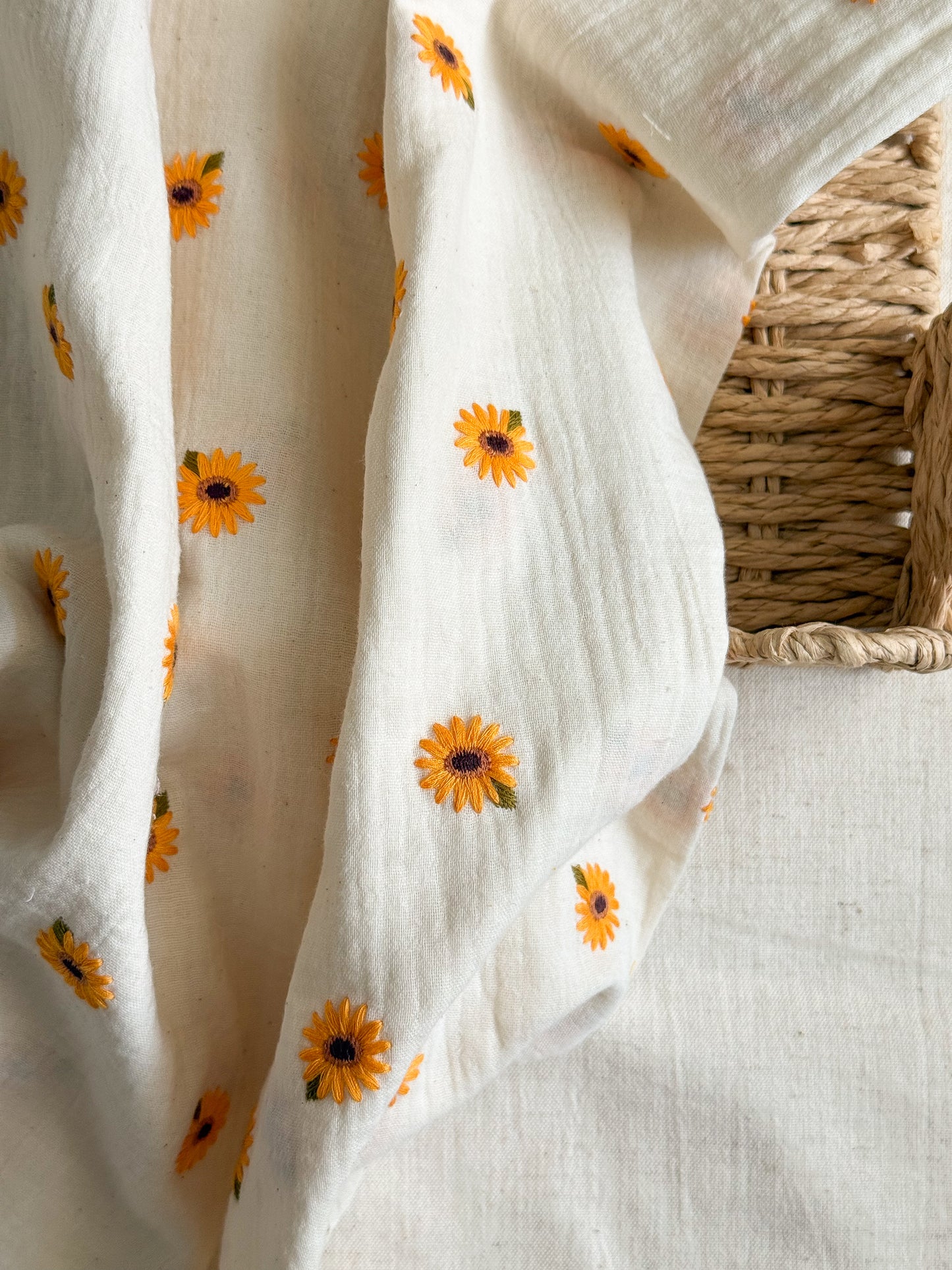 Embroidered Double Gauze Fabric - Sunflowers - Ecru
