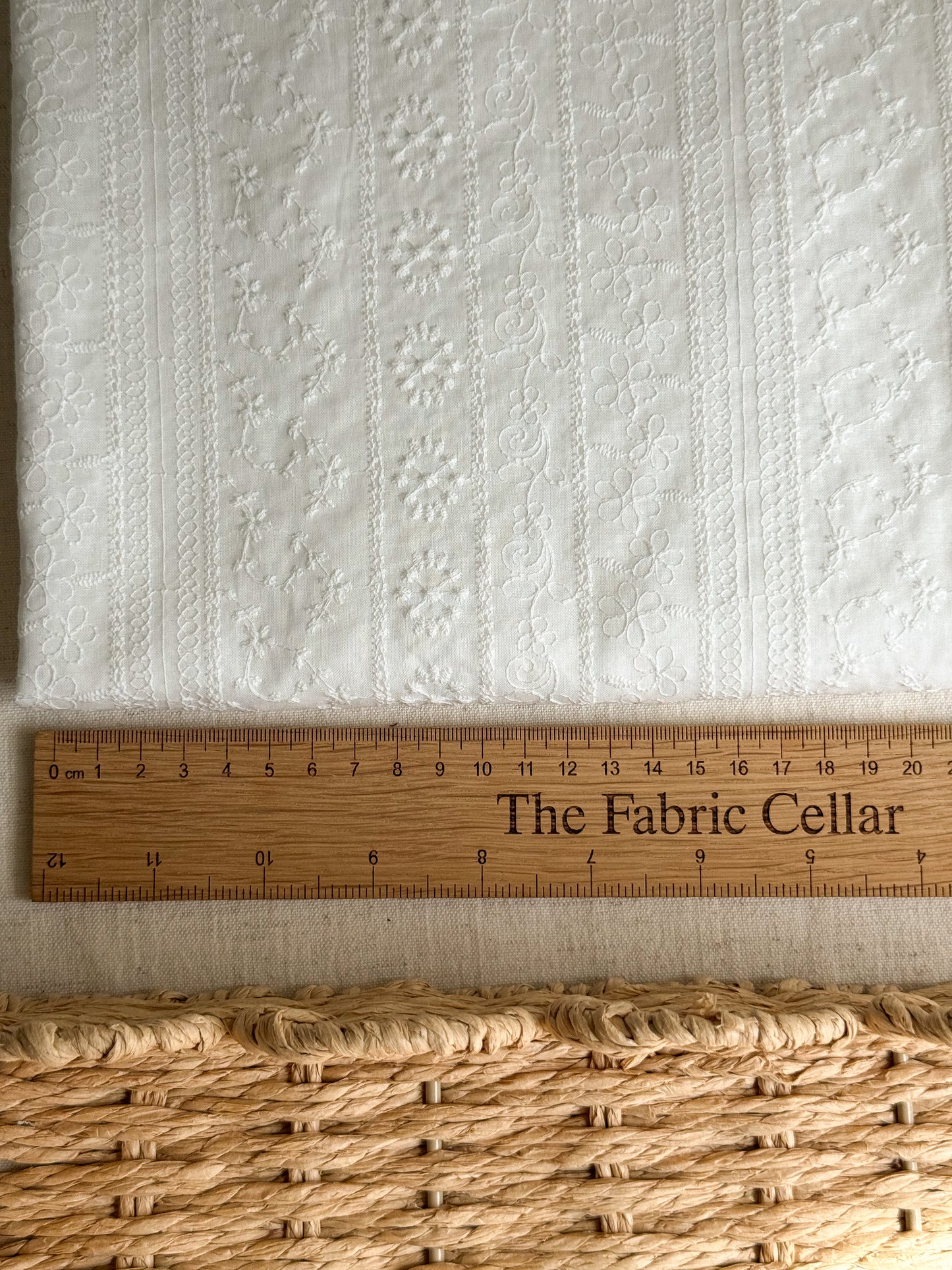 Embroidered Cotton Fabric - Floral Stripes - White