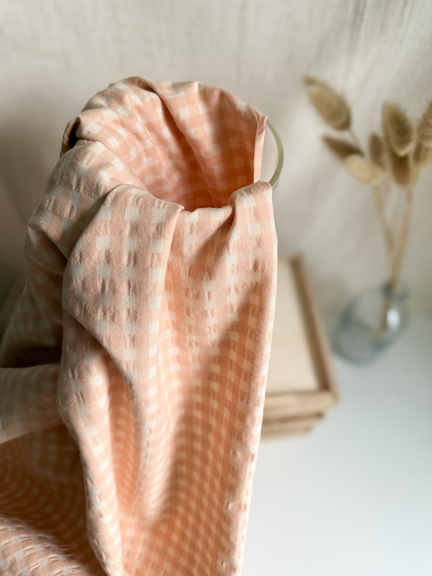 Organic Cotton Blend Seersucker Fabric - Gingham Apricot