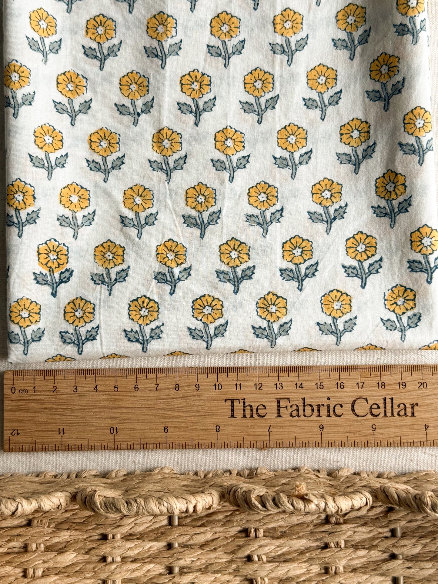 Indian Cotton Block Print Fabric - Flowering in Yellow - 30cm Remnant