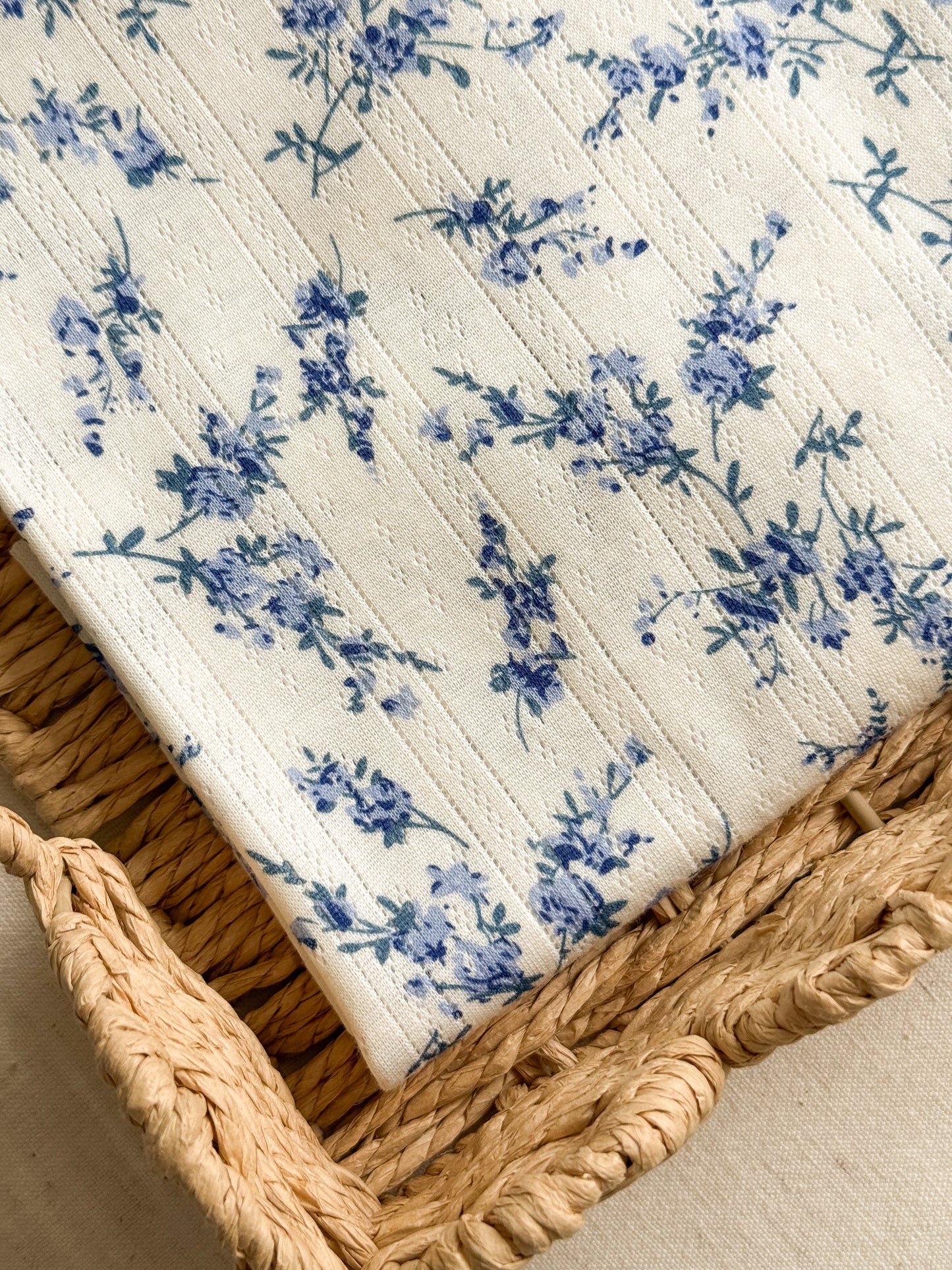 Printed Cotton Jersey Pointelle Fabric - Blue Branches
