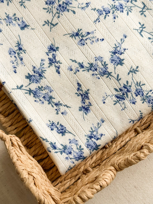Printed Cotton Jersey Pointelle Fabric - Blue Branches