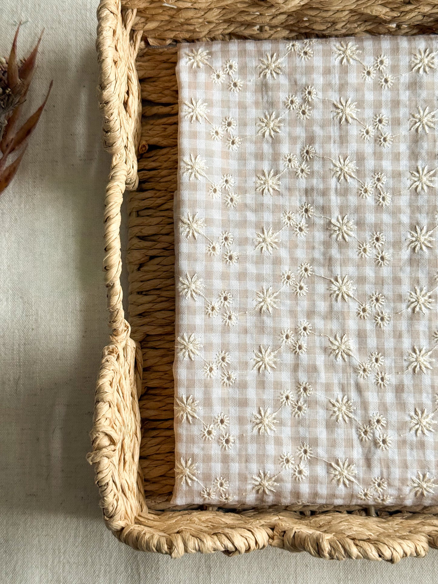 Cotton Embroidered Gingham Seersucker Fabric - Sand
