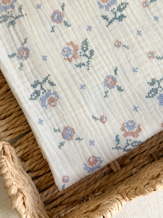 Double Gauze Fabric - Pastel Cross Stitch Floral Print