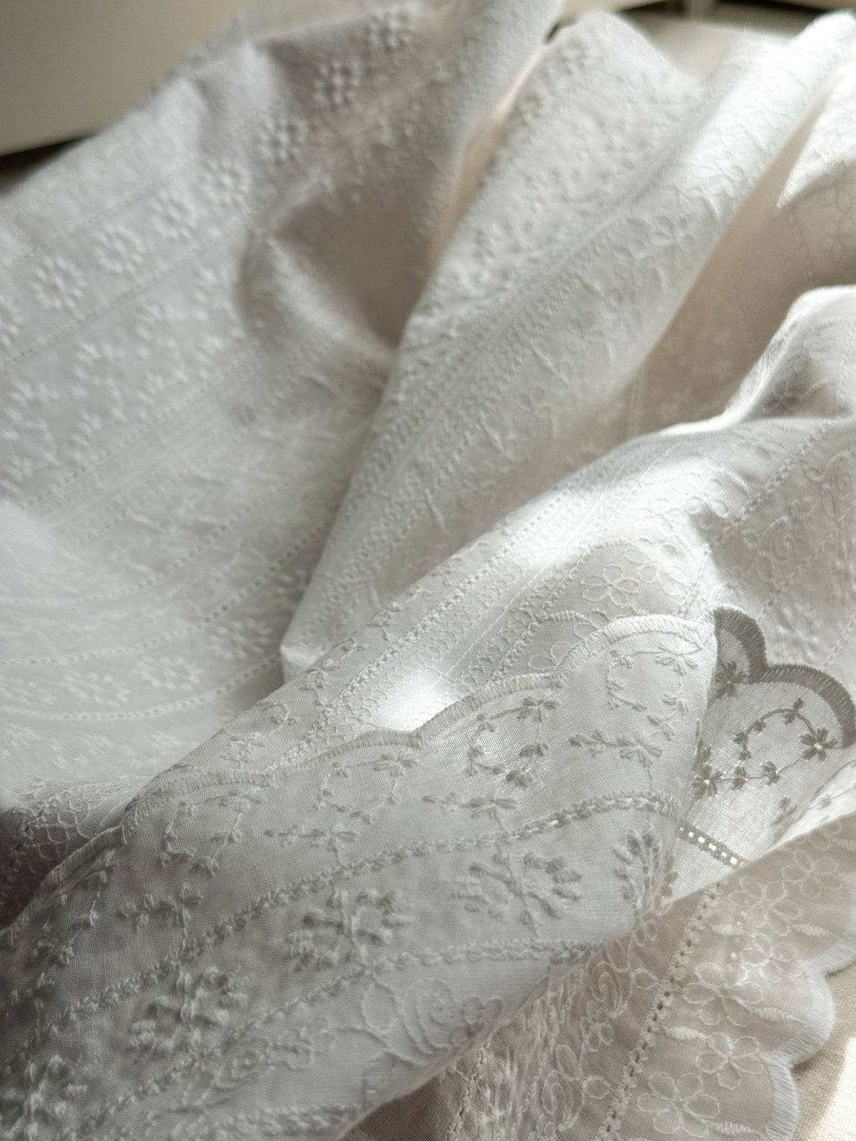 Embroidered Cotton Fabric - Floral Stripes - White
