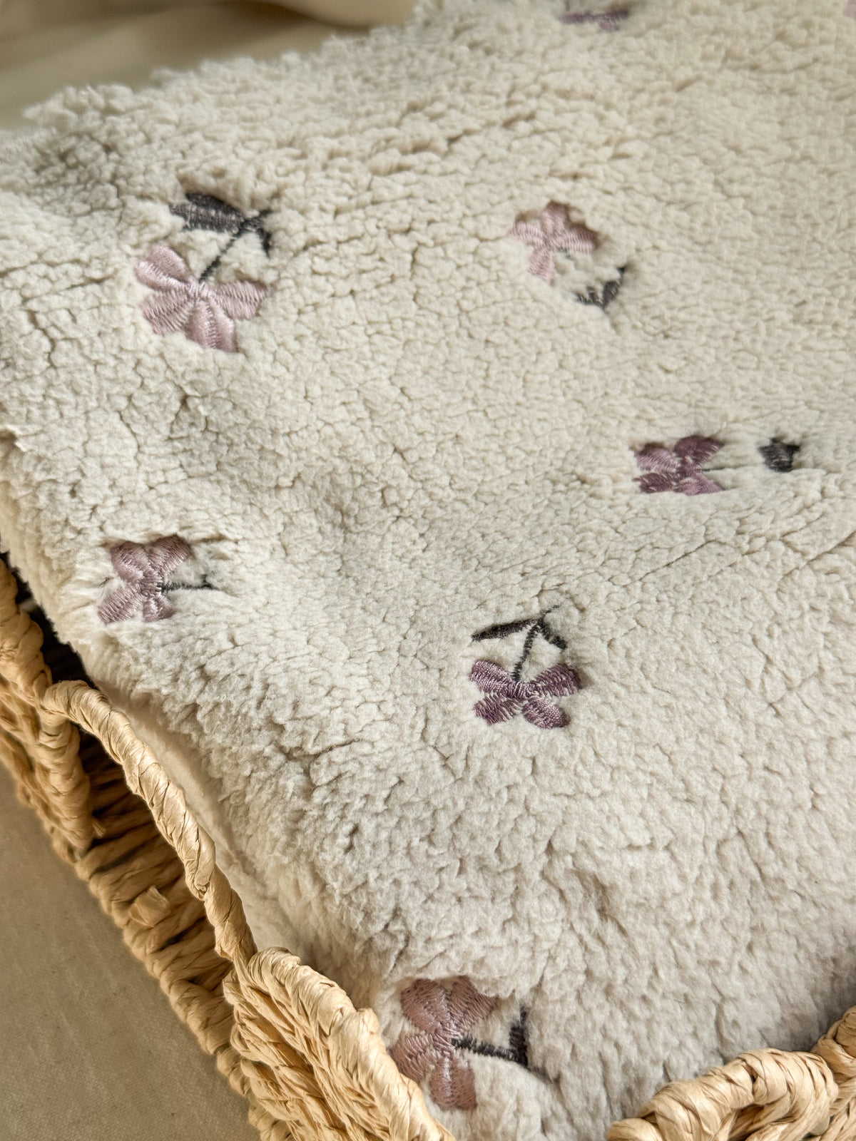 Soft Teddy Fabric - Greige / Purple Embroidered Flowers