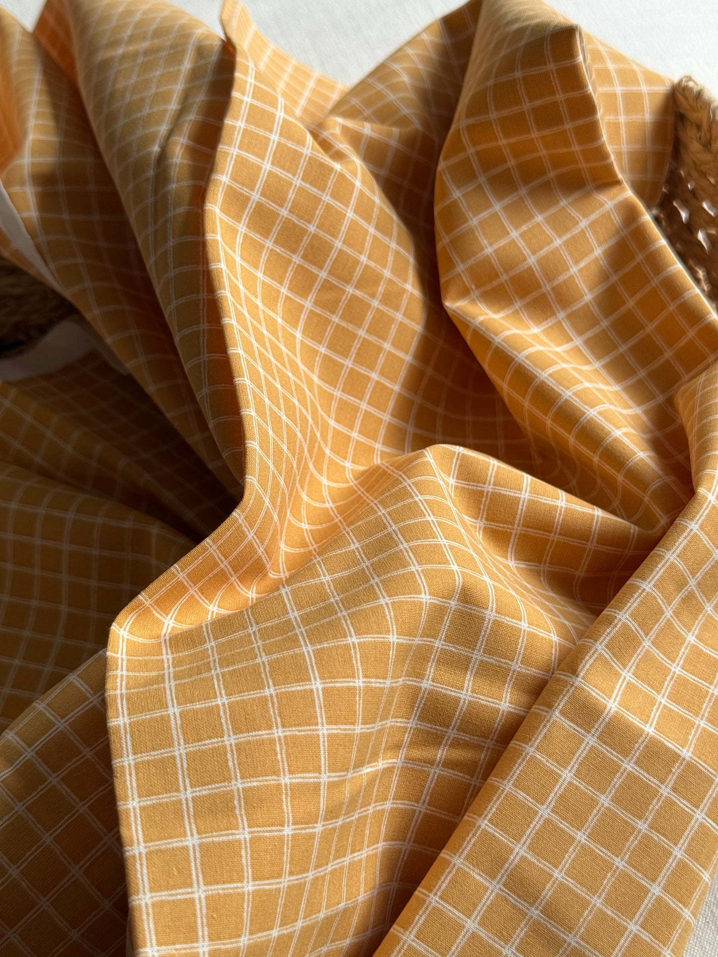 Cotton Poplin Fabric  - Natural Checks - 85cm Remnant