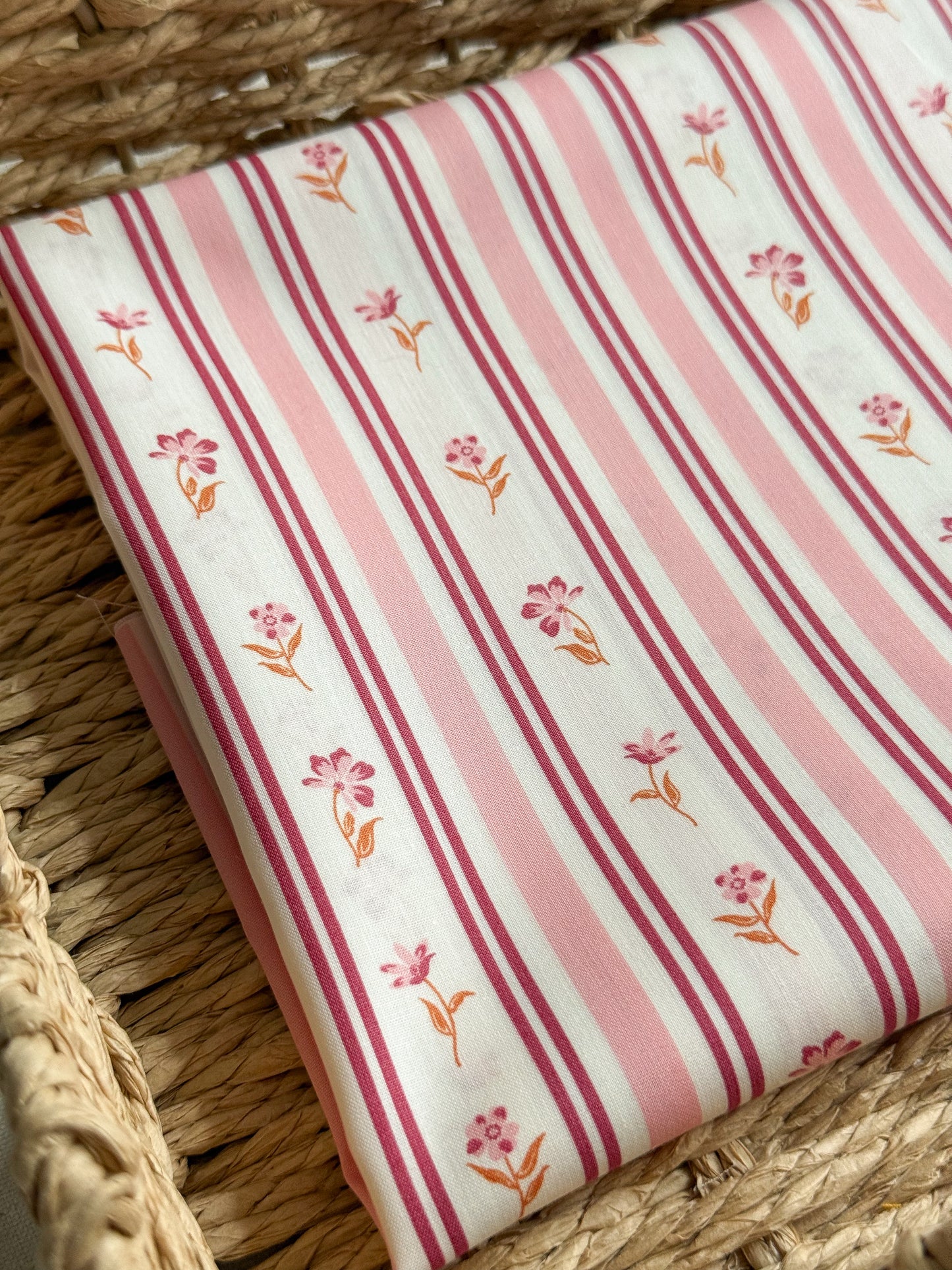 Fine Cotton Poplin Fabric - Pink Floral Stripe