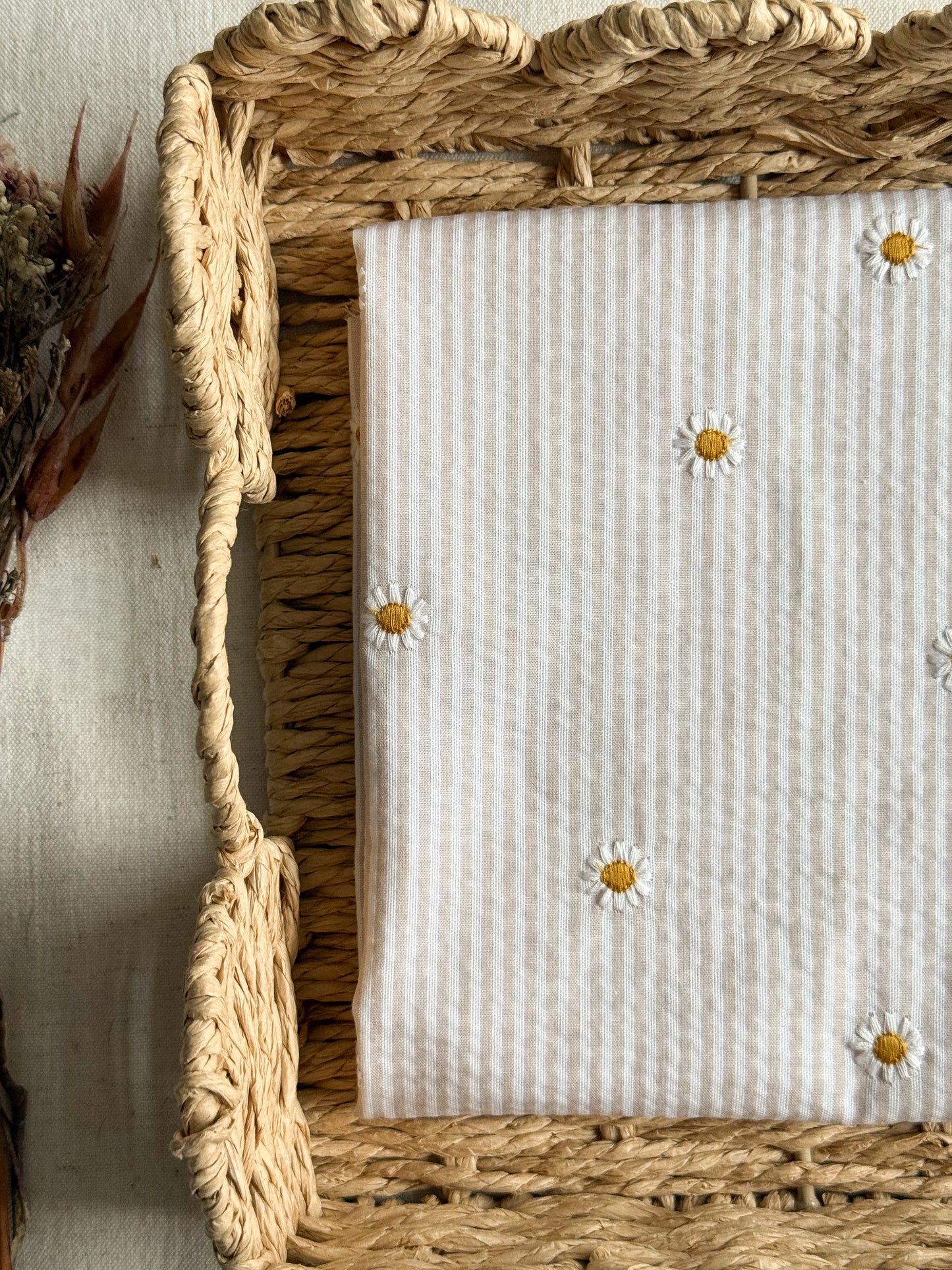 Cotton Stripe Seersucker Fabric With Embroidered Daisy - Sand