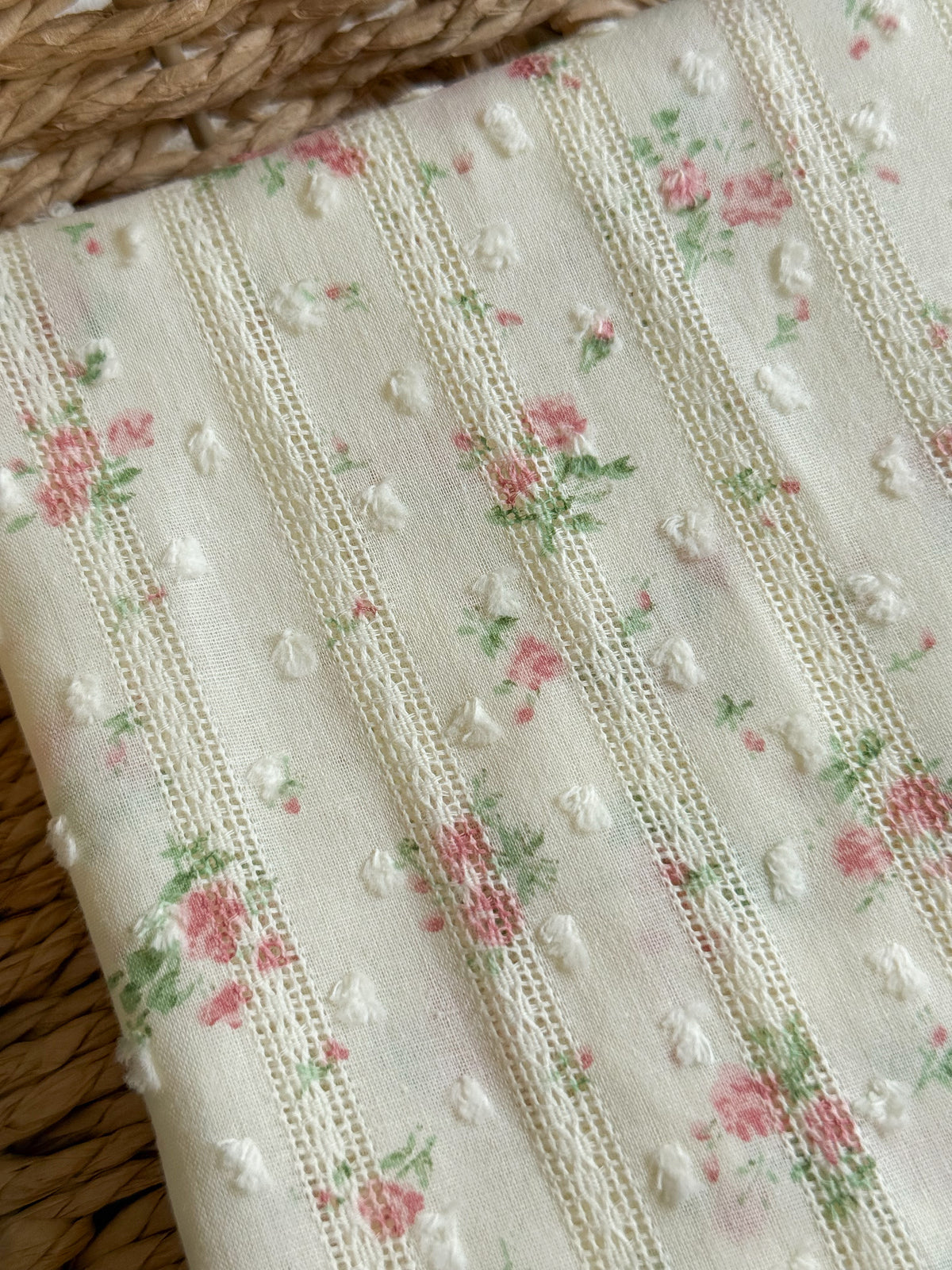 Embroidered Jacquard Cotton Swiss Dot Dobby Fabric - Rose Garden