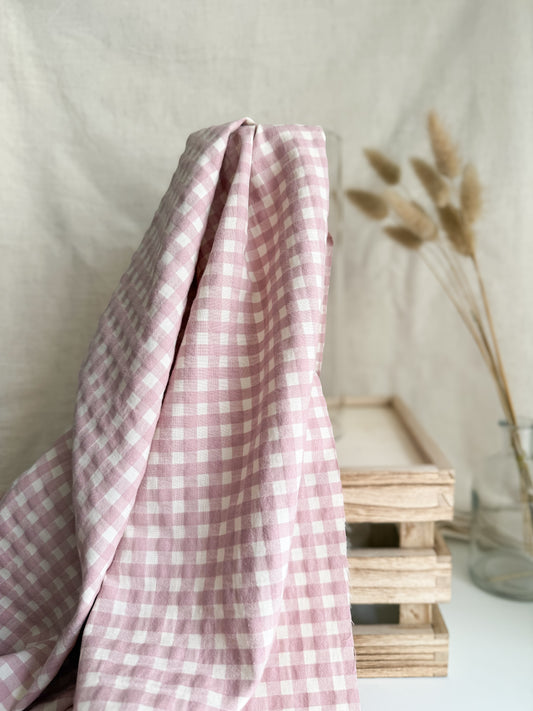 Organic Cotton Blend Seersucker Fabric - Gingham Soft Pink