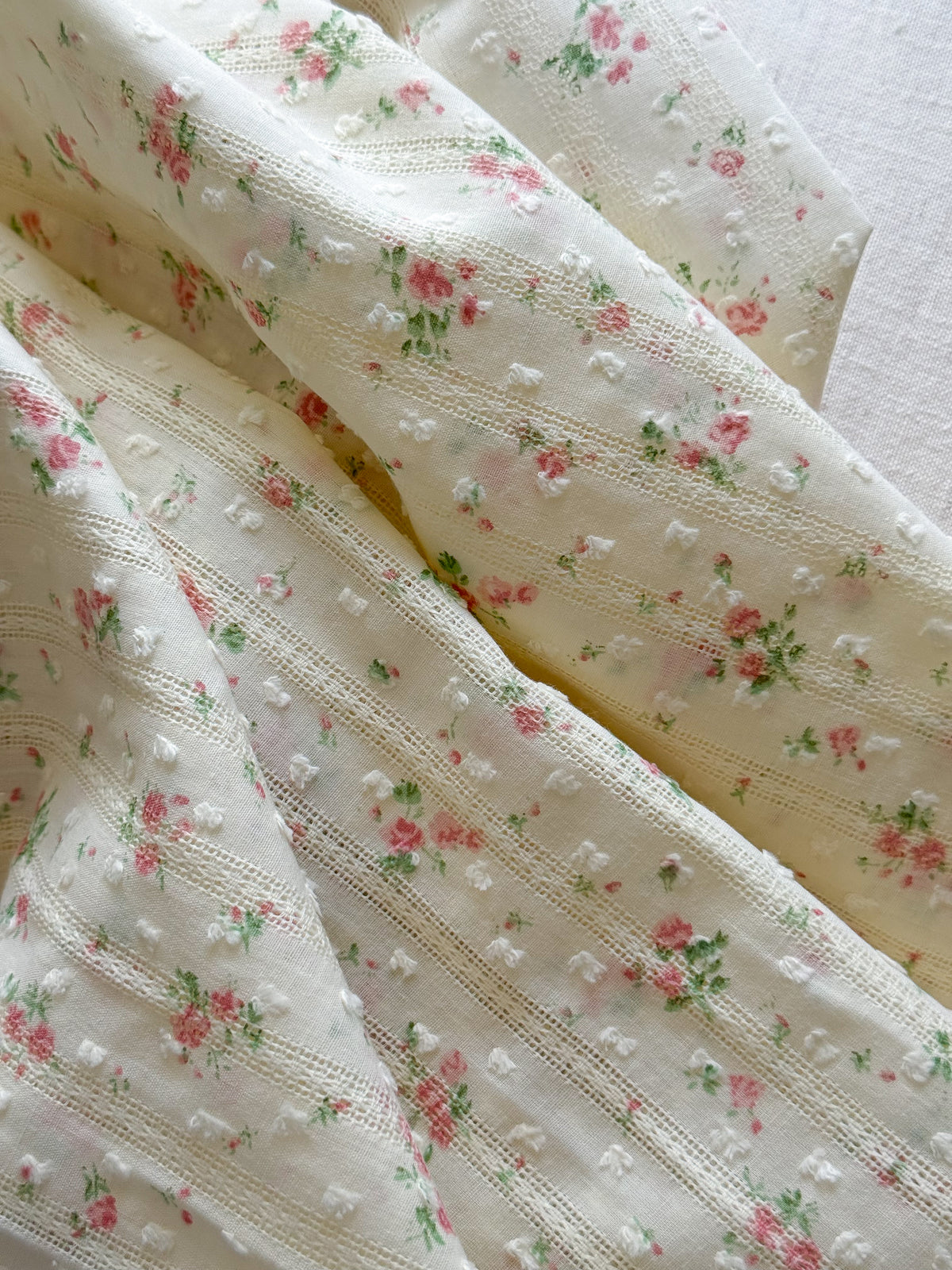 Embroidered Jacquard Cotton Swiss Dot Dobby Fabric - Rose Garden