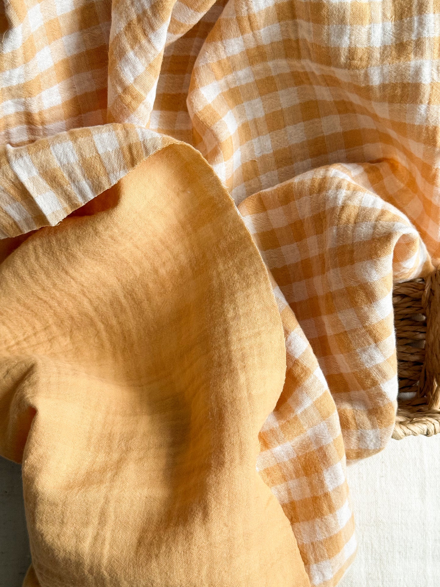 Double Gauze Cotton Fabric - Double Sided Gingham - Honey