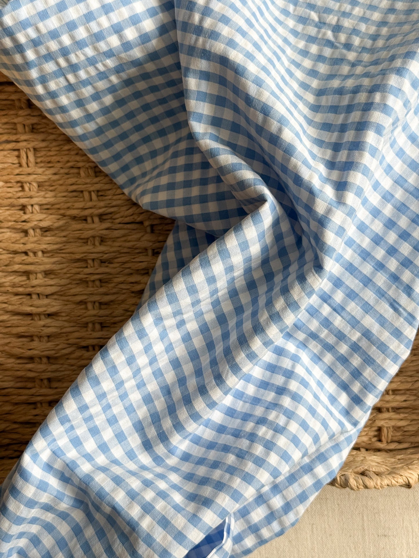 Cotton Seersucker Fabric - Gingham - Soft Blue