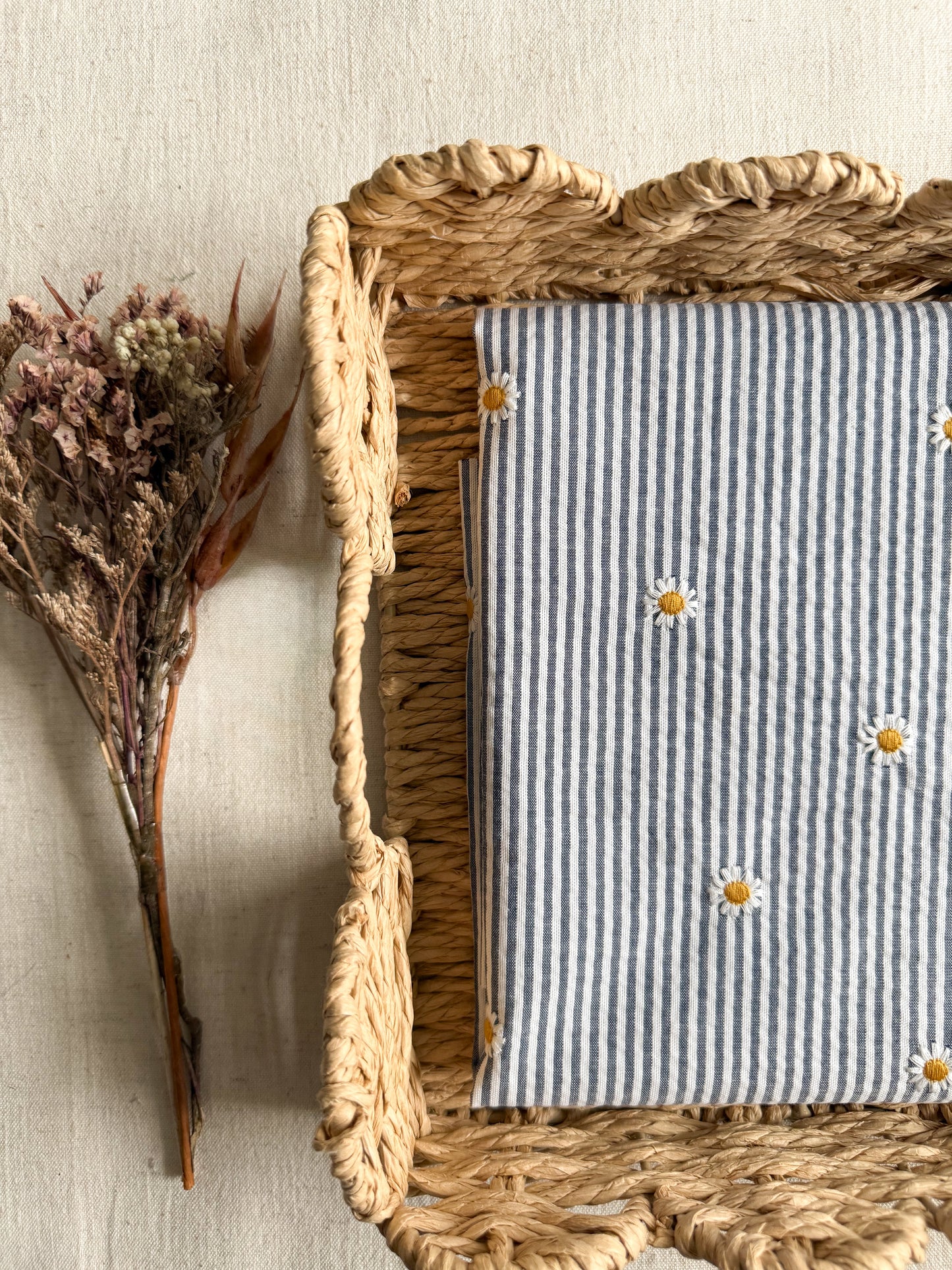 Cotton Stripe Seersucker Fabric With Embroidered Daisy - Navy