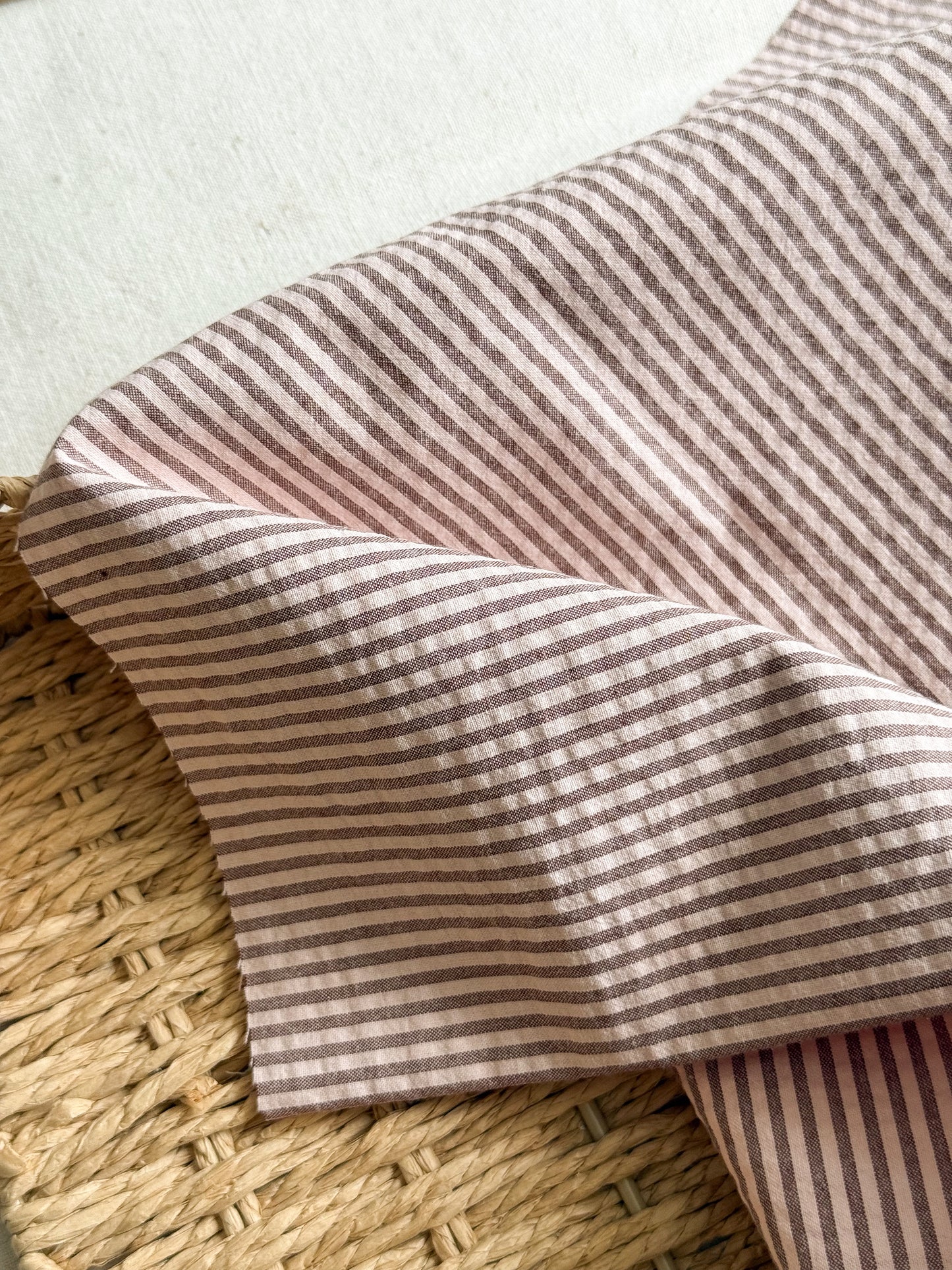 Organic Cotton Blend Seersucker Fabric - Mocha / Petal Stripe