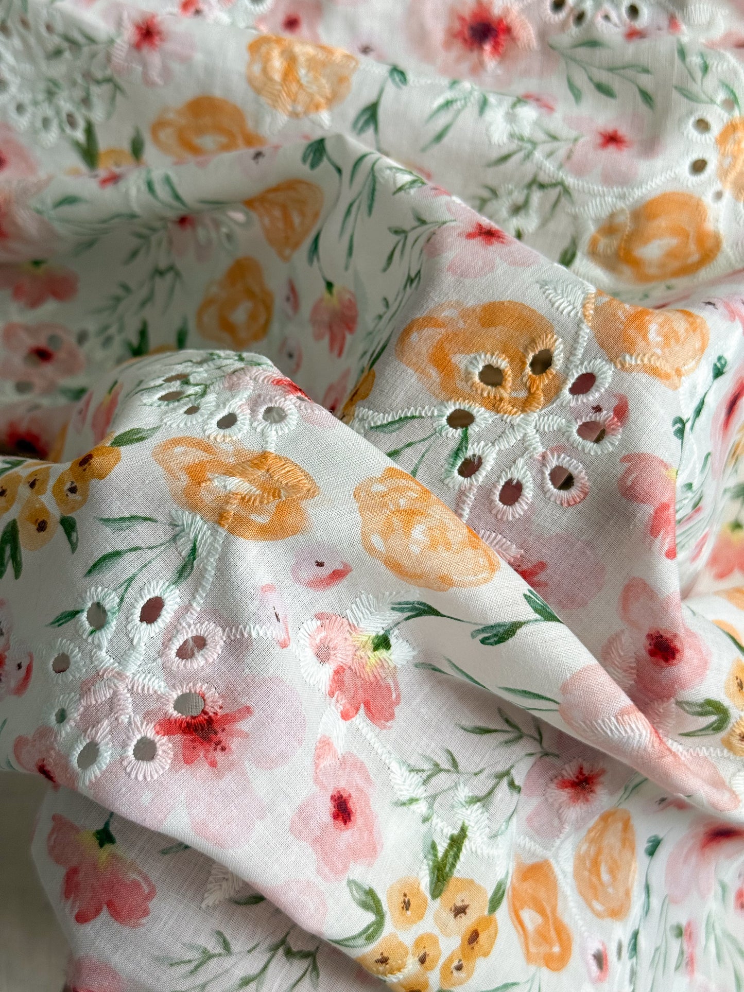 Cotton Voile Embroidered Broderie Anglaise Fabric - Spring Flowers - SEE DESCRIPTION