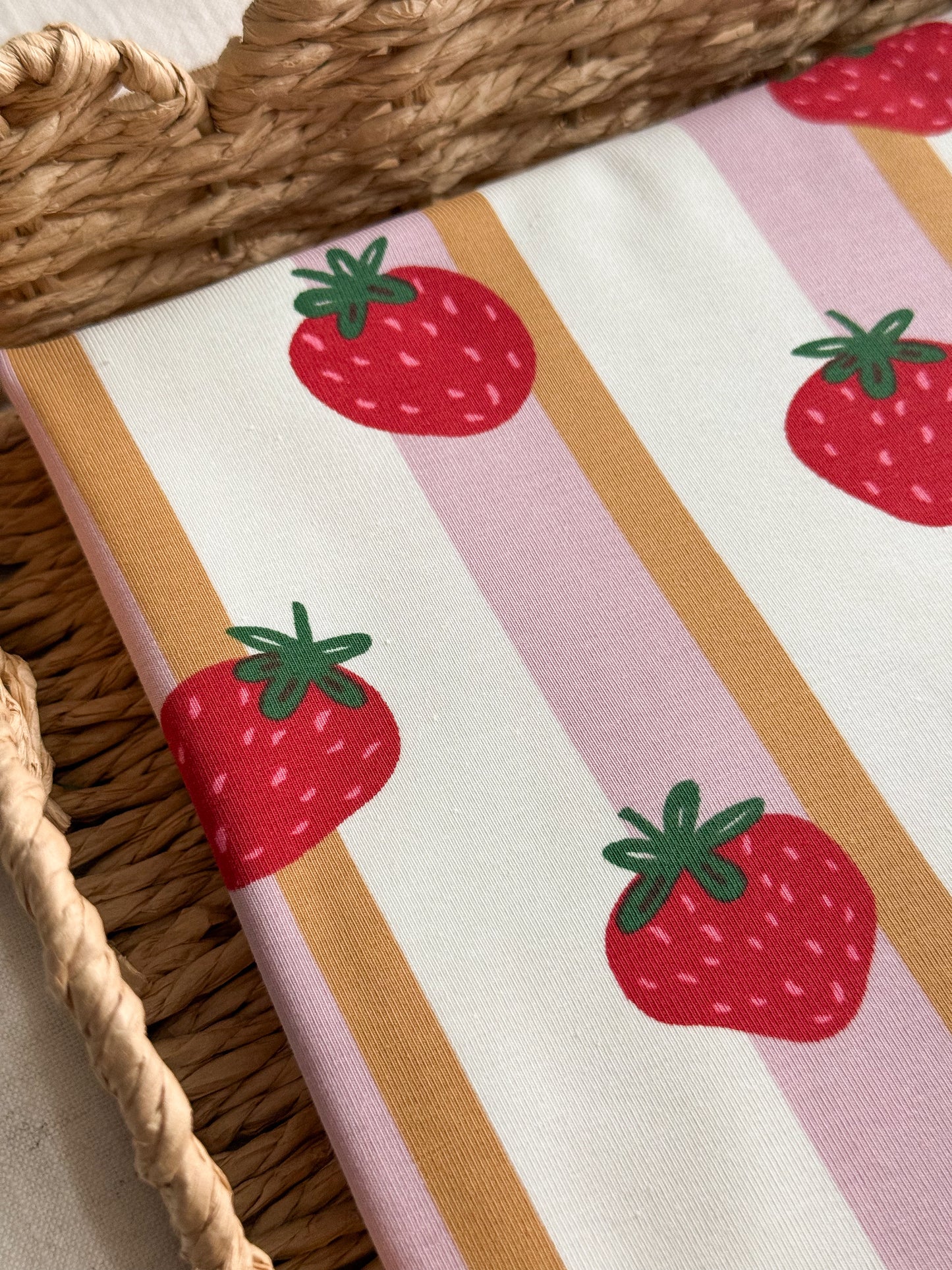 Printed Cotton Jersey Fabric - Strawberries & Stripes
