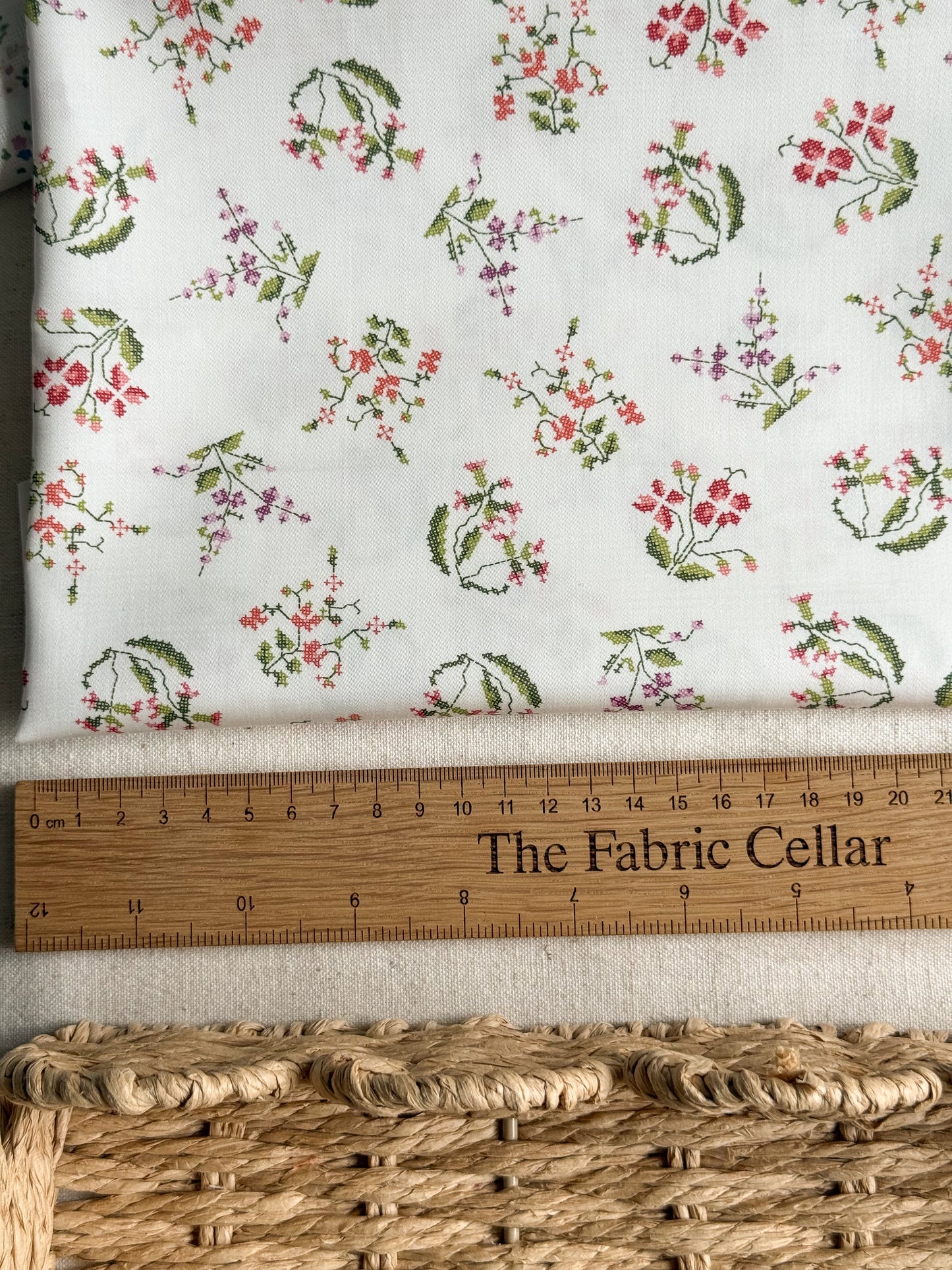 Organic Cotton Sateen Fabric - Cross Stitch Floral Print