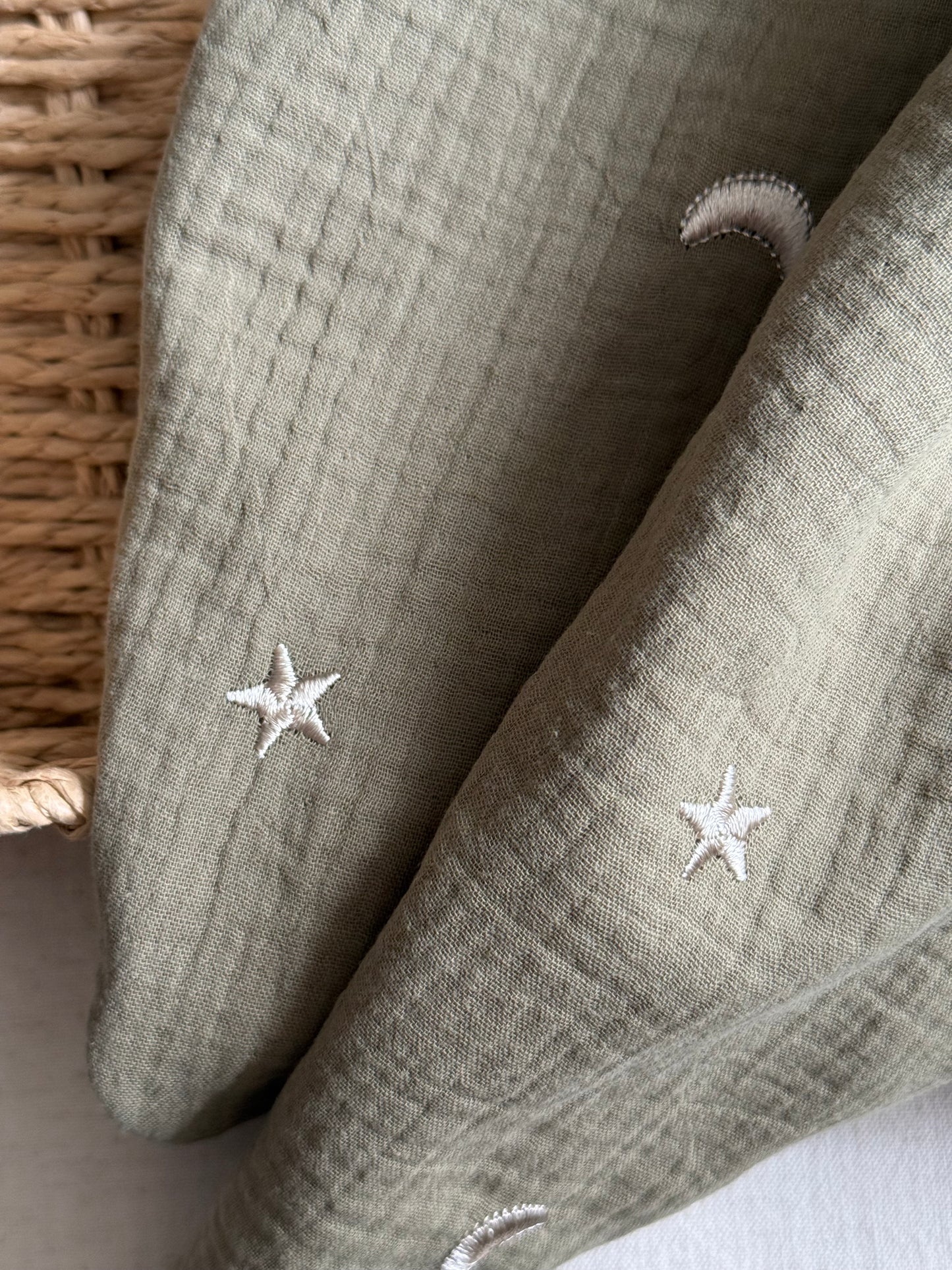 Embroidered Double Gauze Fabric - Moon & Stars - Soft Khaki