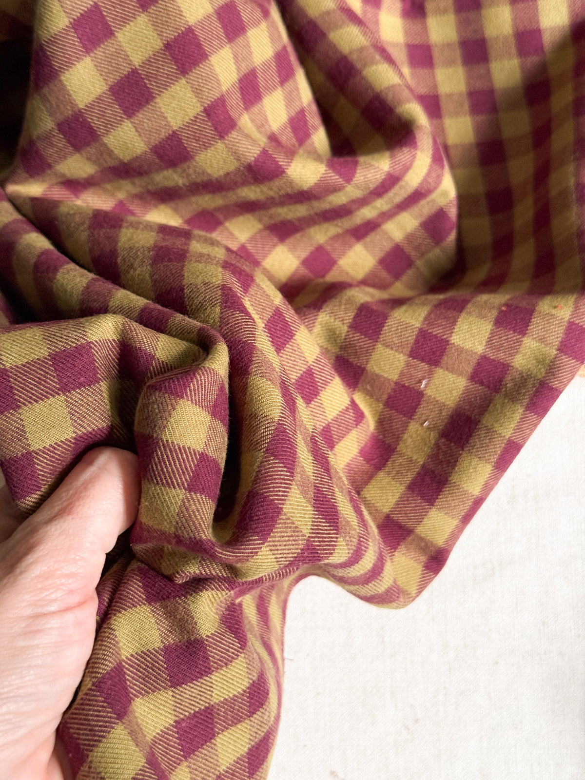 Cotton Viscose Plaid Gingham Flannel Fabric - Olive & Plum