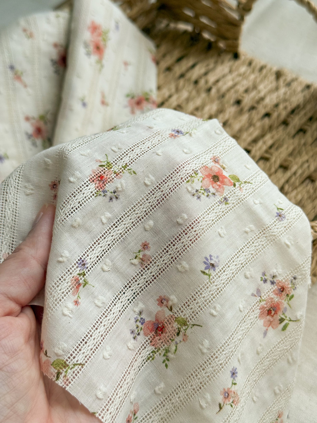 Embroidered Jacquard Cotton Swiss Dot Dobby Fabric - Peach Floral - 45cm Remnant
