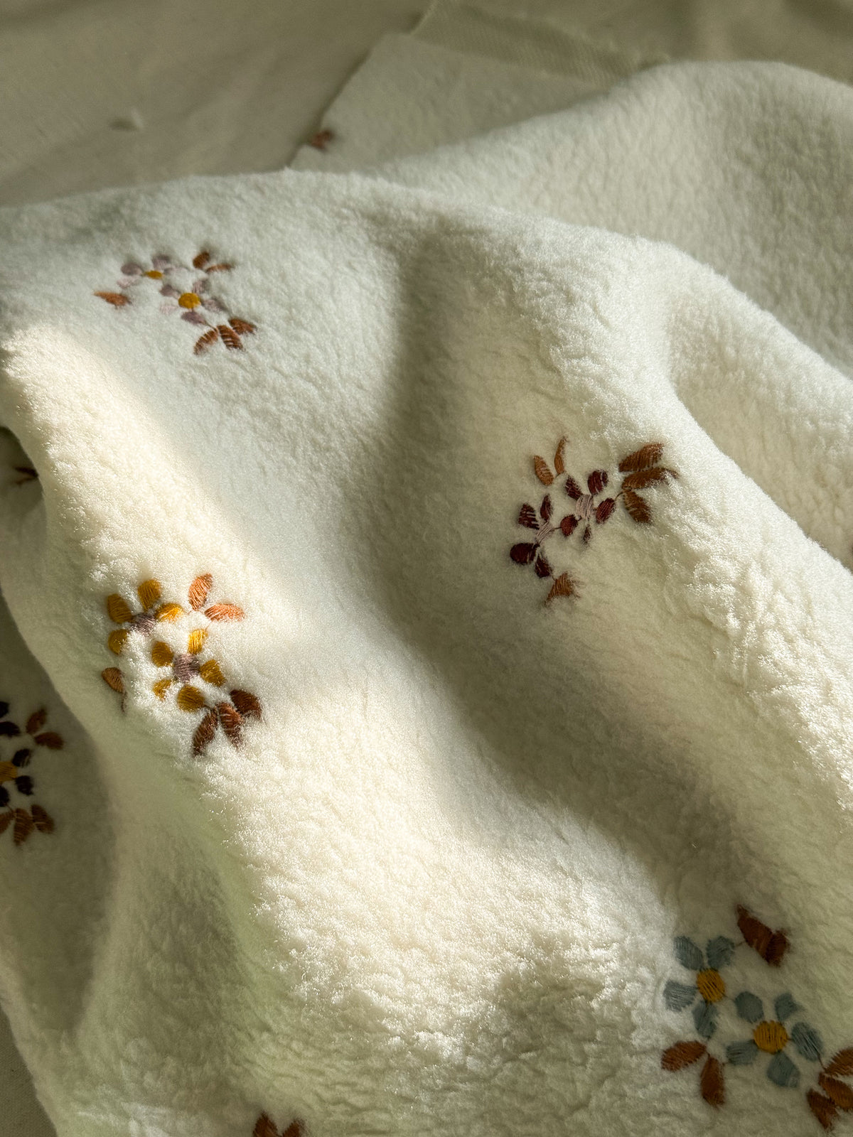 Soft Teddy Fabric - Embroidered Flowers - Ecru