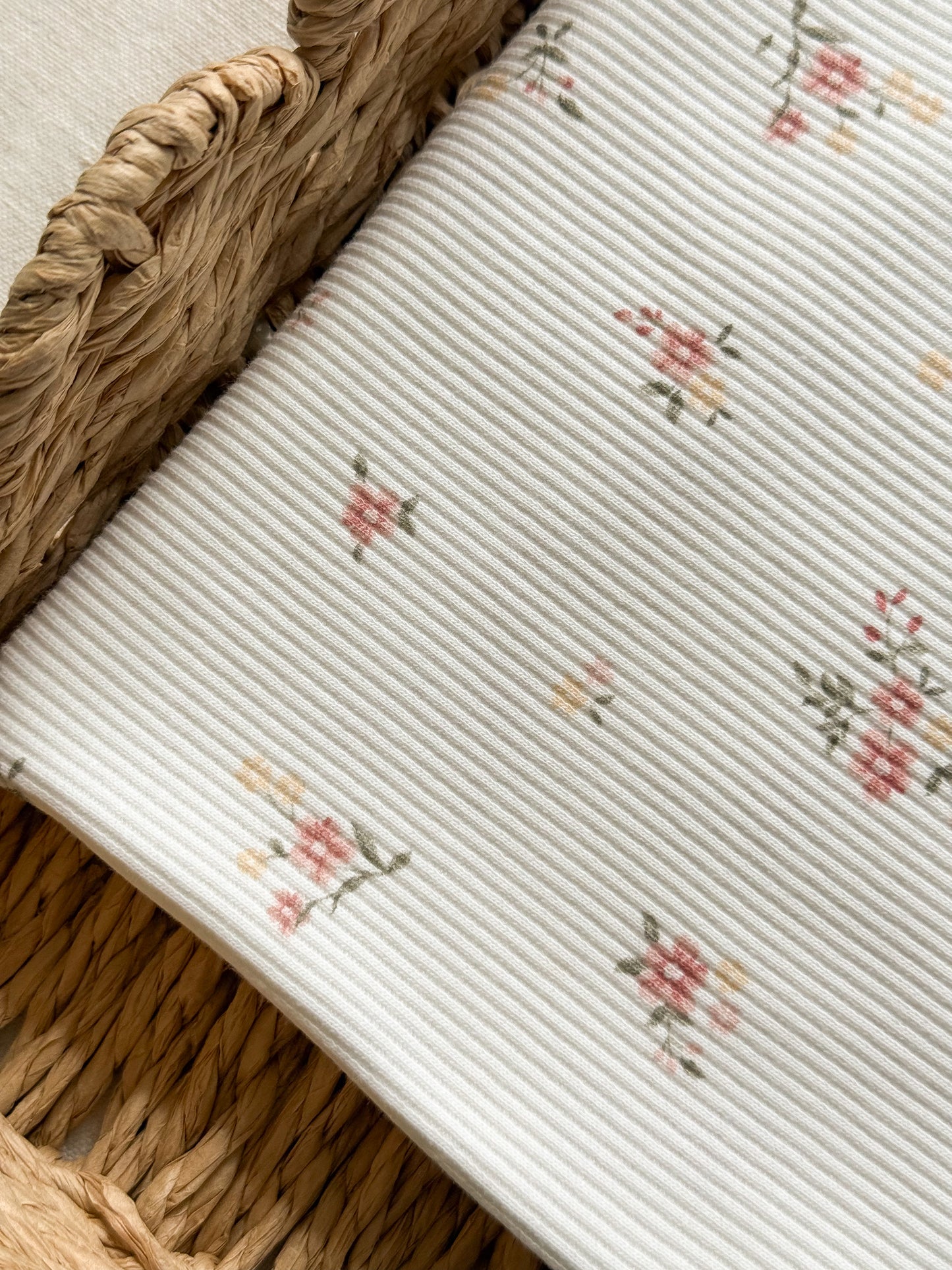 Ribbed Cotton Jersey Fabric - Rose + Yellow Floral - 40cm Remnant